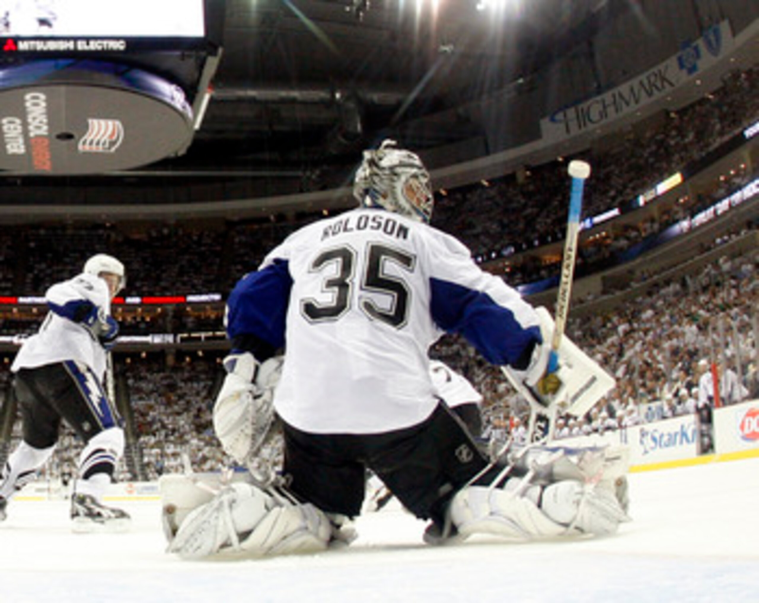 PITTSBURGH, PA - APRIL 27:  Dwayne Roloson #35 of the Tampa Bay Lightning protects the net against the Pittsburgh Penguins in Game Seven of the Eastern Conference Quarterfinals during the 2011 NHL Stanley Cup Playoffs at Consol Energy Center on April 27, 