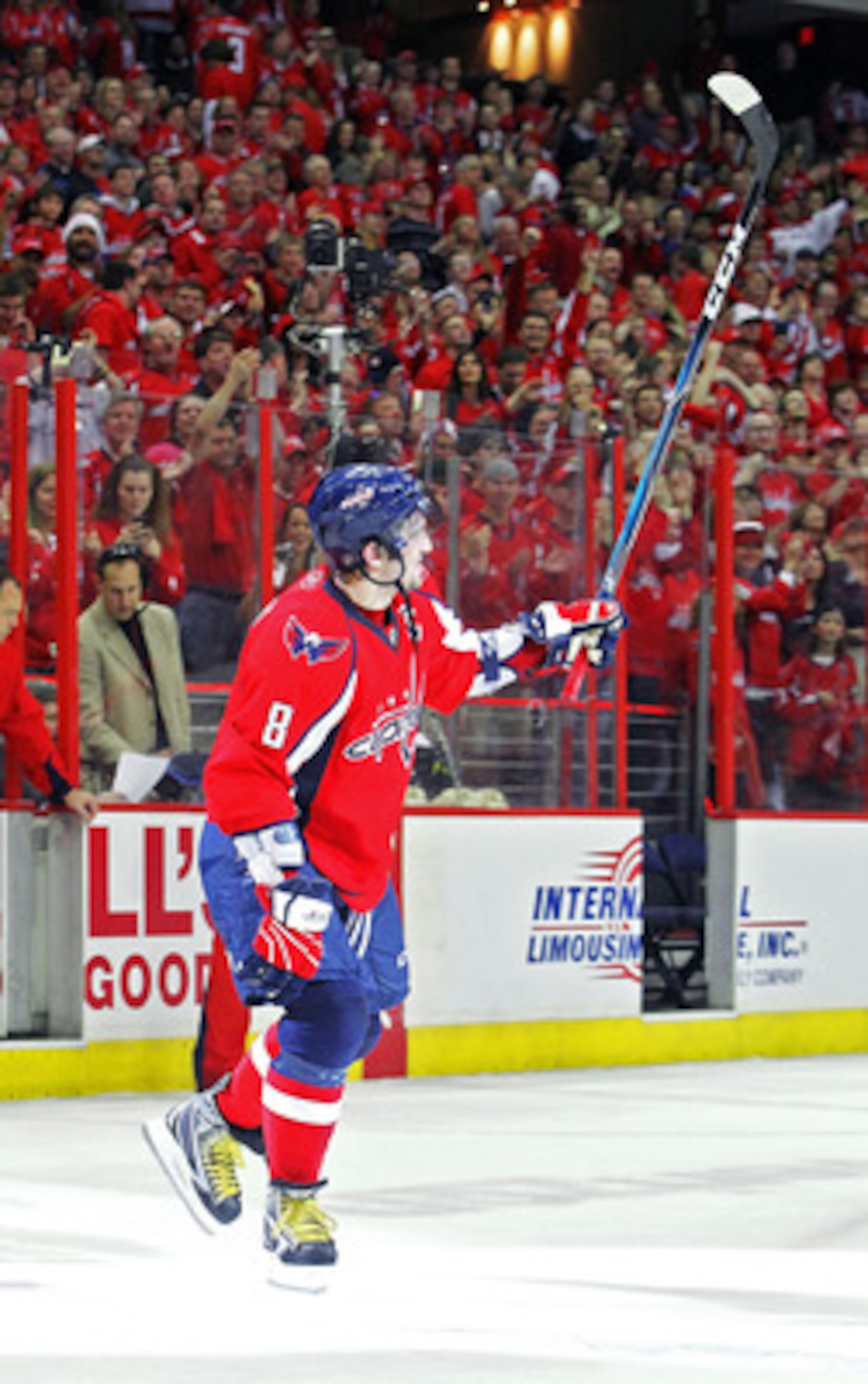 WASHINGTON , DC - APRIL 23:  Alex Ovechkin #8 of the Washington Capitals celebrates being named the second star of the game against the New York Rangers in Game Five of the Eastern Conference Quarterfinals during the 2011 NHL Stanley Cup Playoffs at the V