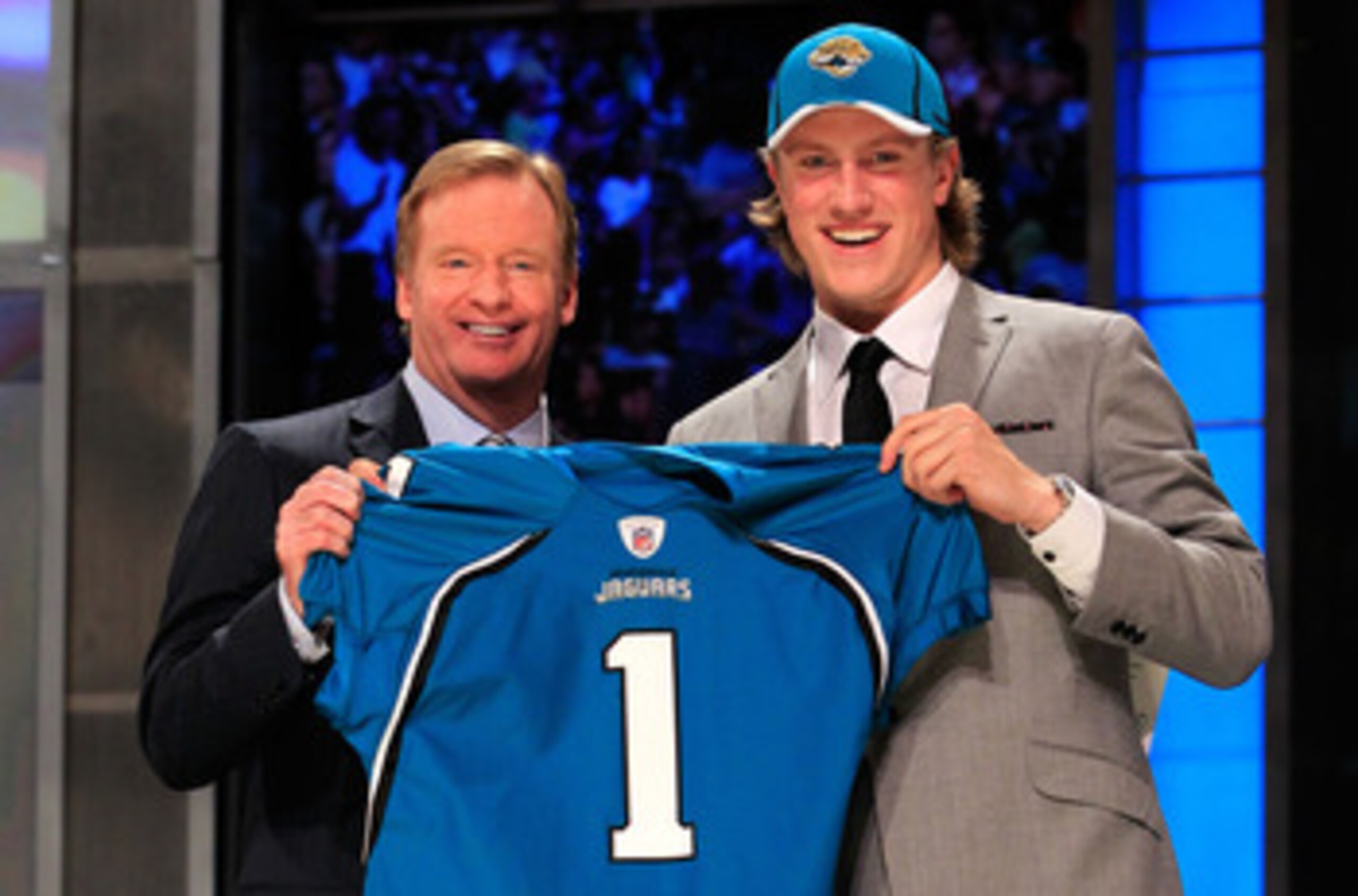 NEW YORK, NY - APRIL 28:  NFL Commissoner Roger Goodell poses for a photo with Blaine Gabbert, #11 overall pick by the Jacksonville Jaguars, holds up a jersey during the 2011 NFL Draft at Radio City Music Hall on April 28, 2011 in New York City.  (Photo b