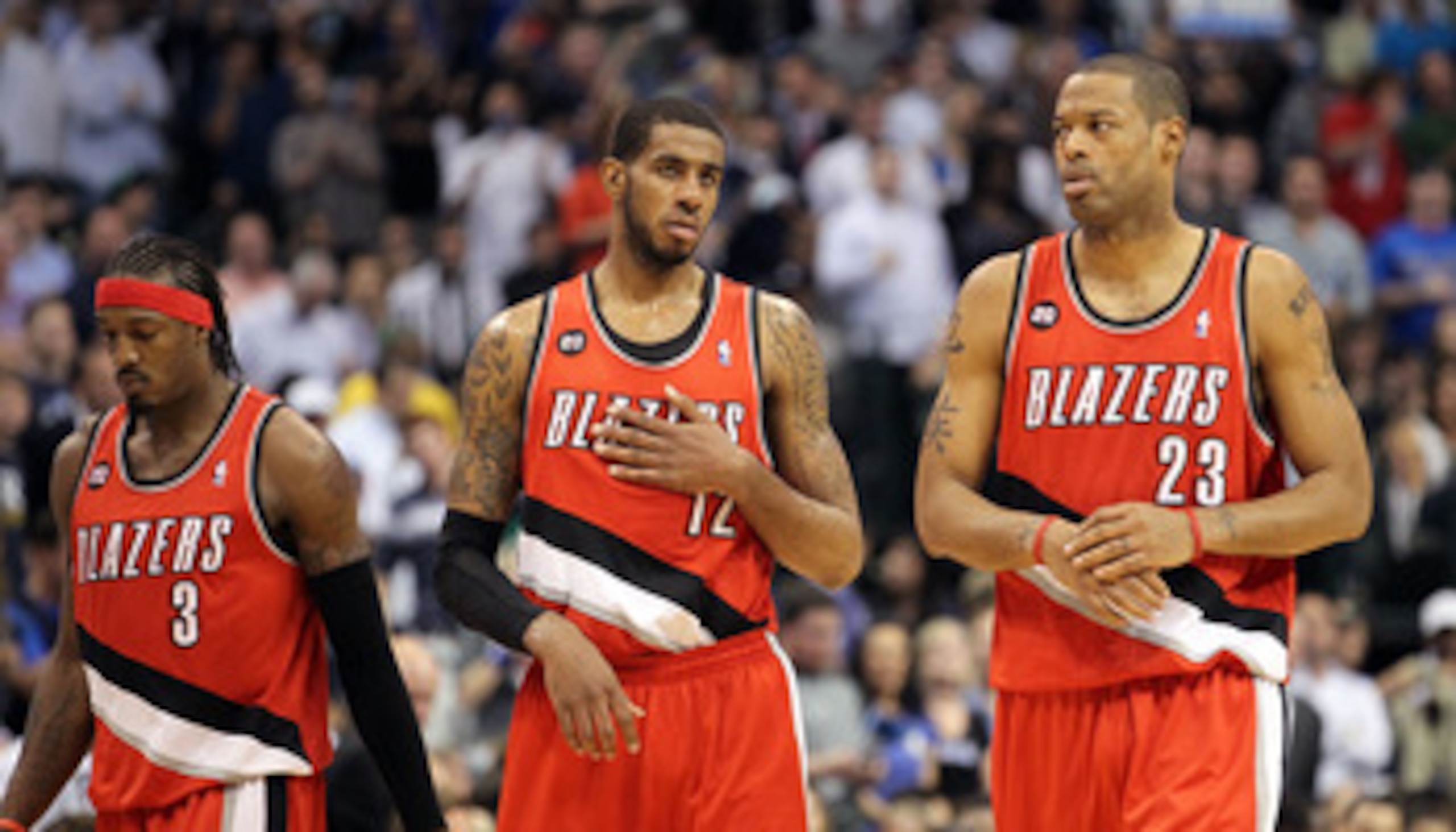 DALLAS, TX - APRIL 19:  (L-R) Gerald Wallace #3, LaMarcus Aldridge #12 and Marcus Camby #23 of the Portland Trail Blazers during a loss against the Dallas Mavericks in Game Two of the Western Conference Quarterfinals during the 2011 NBA Playoffs on April