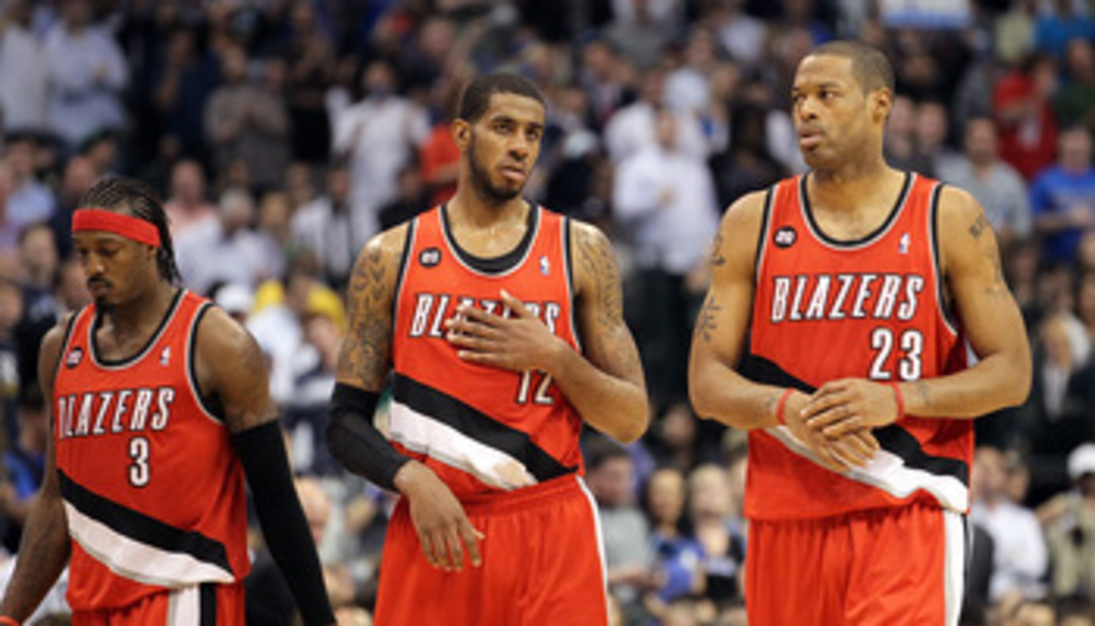 DALLAS, TX - APRIL 19: (L-R) Gerald Wallace #3, LaMarcus Aldridge #12 and Marcus Camby #23 of the Portland Trail Blazers during a loss against the Dallas Mavericks in Game Two of the Western Conference Quarterfinals during the 2011 NBA Playoffs on April DALLAS, TX - APRIL 19: (L-R) Gerald Wallace #3, LaMarcus Aldridge #12 and Marcus Camby #23 of the Portland Trail Blazers during a loss against the Dallas Mavericks in Game Two of the Western Conference Quarterfinals during the 2011 NBA Playoffs on April