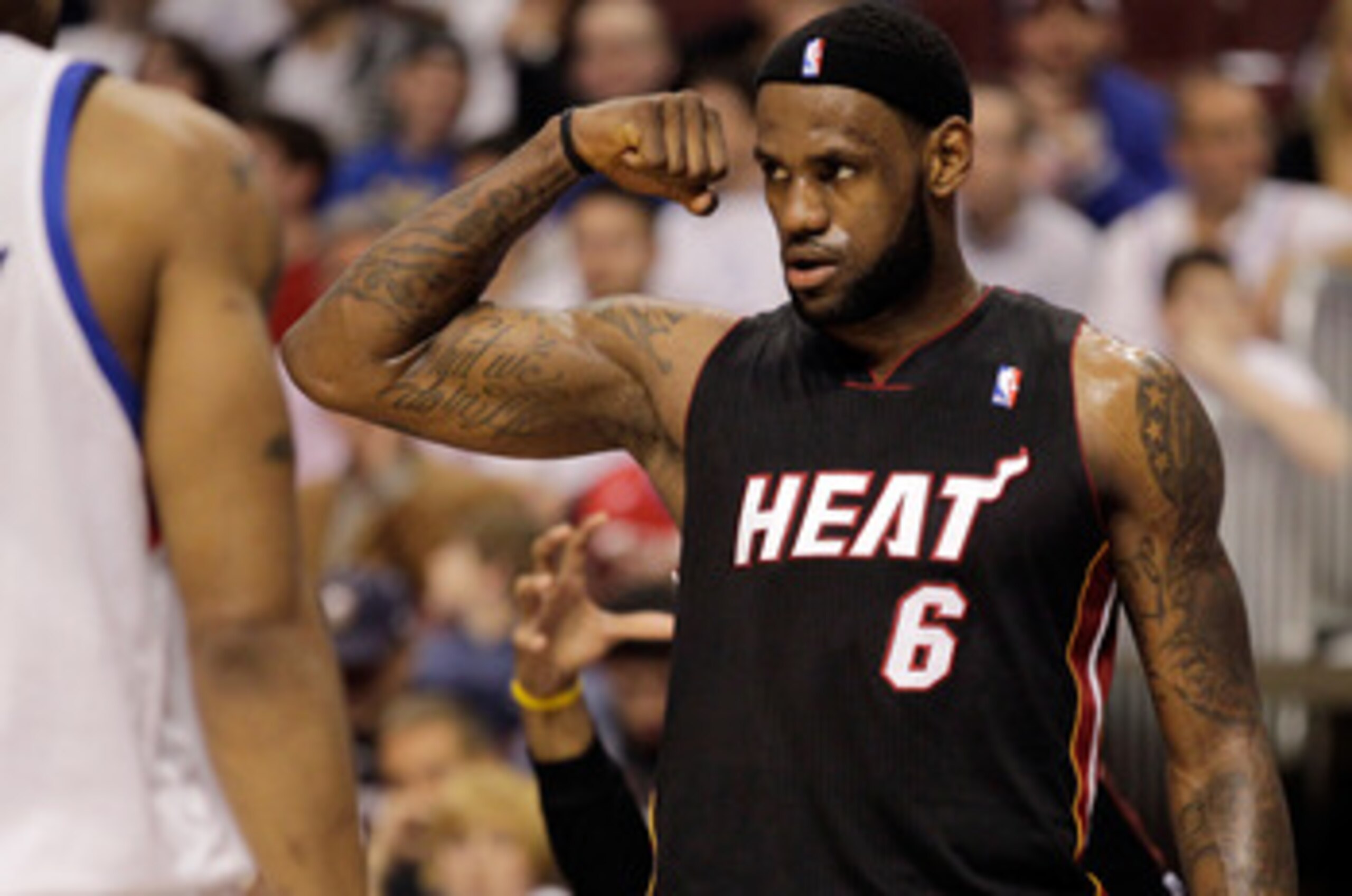 PHILADELPHIA, PA - APRIL 21: LeBron James #6 of the Miami Heat reacts after a play against the Philadelphia 76ers during the first half of game three of the Eastern Conference Quarterfinals at Wells Fargo Center on April 21, 2011 in Philadelphia, Pennsylv