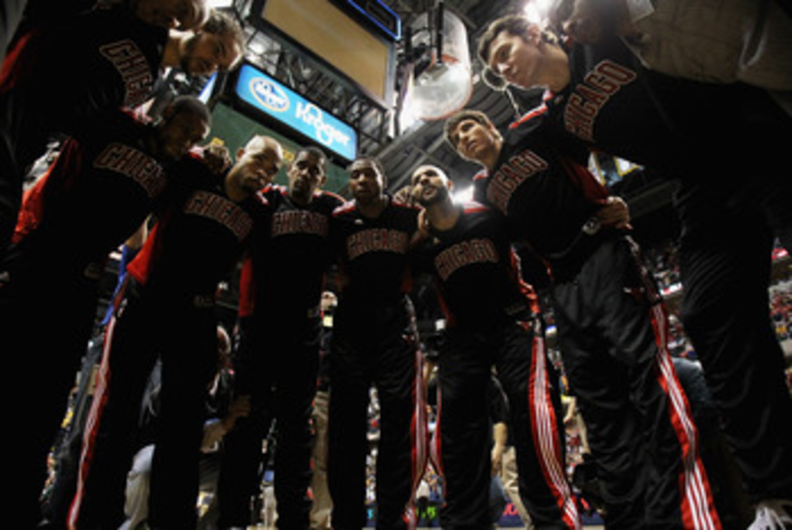 INDIANAPOLIS, IN - APRIL 23: The Chicago Bulls huddle before the start of Game Four of the Eastern Conference Quarterfinals in the 2011 NBA Playoffs against the Indiana Pacers at Conseco Fieldhouse on April 23, 2011 in Indianapolis, Indiana. The Pacers de