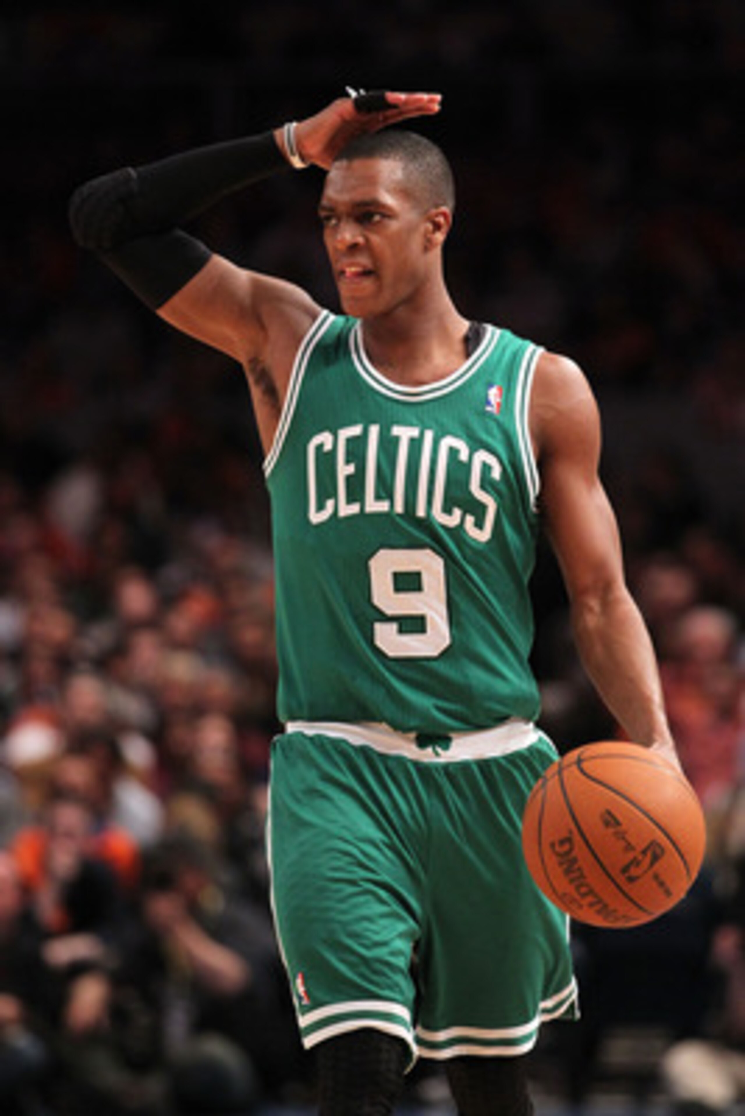 NEW YORK, NY - APRIL 22:  Rajon Rondo #9 of the Boston Celtics calls a play against the New York Knicks in Game Three of the Eastern Conference Quarterfinals in the 2011 NBA Playoffs on April 22, 2011 at Madison Square Garden in New York City.  NOTE TO US