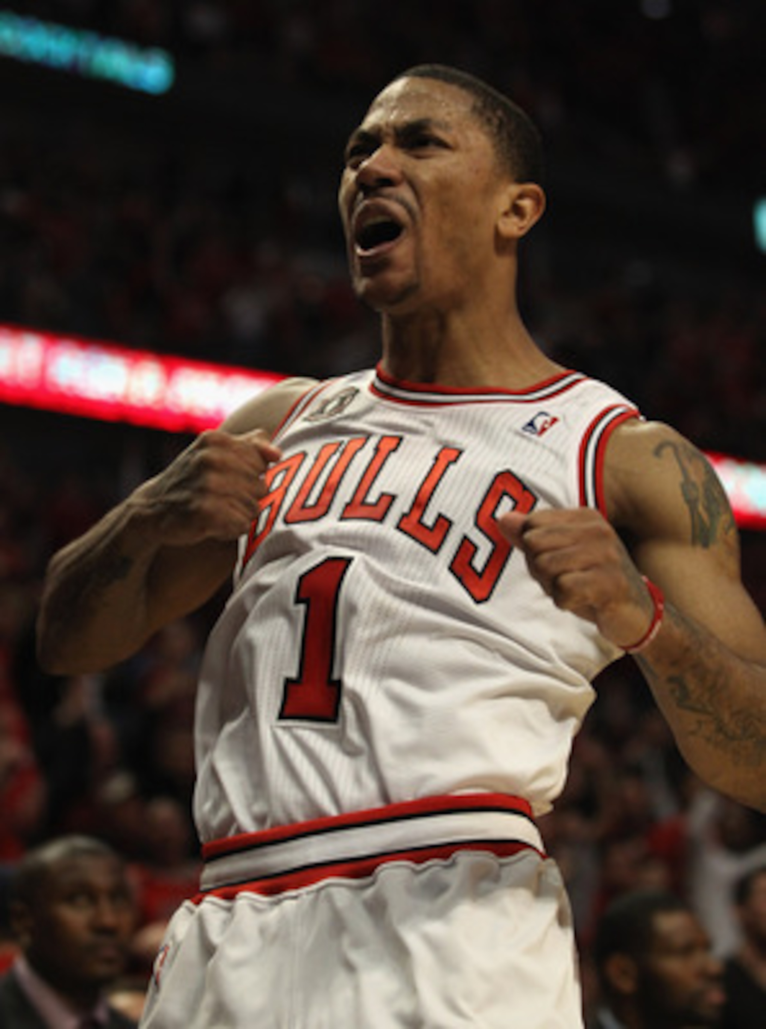 CHICAGO, IL - APRIL 16: Derrick Rose #1 of the Chicago Bulls pounds his chest after hitting a shot against the Indiana Pacers in Game One of the Eastern Conference Quarterfinals in the 2011 NBA Playoffs at the United Center on April 16, 2011 in Chicago, I