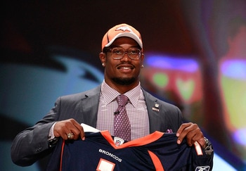 NEW YORK, NY - APRIL 28:  Von Miller, #2 overall pick by the Denver Broncos holds up a jersey on stage during the 2011 NFL Draft at Radio City Music Hall on April 28, 2011 in New York City.  (Photo by Chris Trotman/Getty Images)