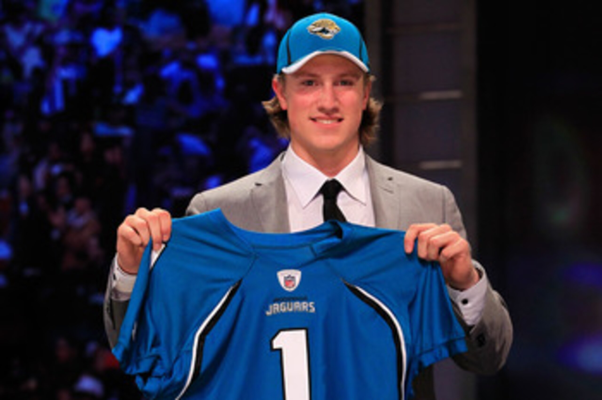 NEW YORK, NY - APRIL 28:  Blaine Gabbert, #11 overall pick by the Jacksonville Jaguars, holds up a jersey during the 2011 NFL Draft at Radio City Music Hall on April 28, 2011 in New York City.  (Photo by Chris Trotman/Getty Images)