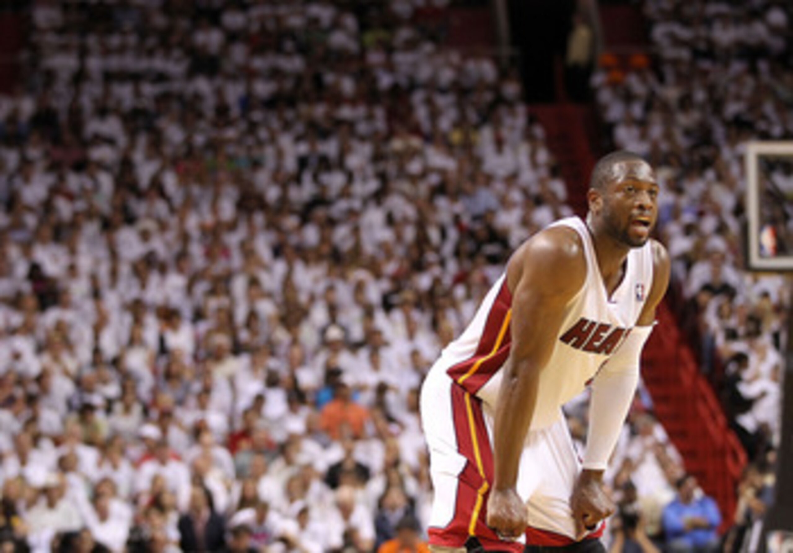 MIAMI, FL - APRIL 27:  Dwyane Wade #3 of the Miami Heat looks on during game five of the Eastern Conference Quarterfinals in the 2011 NBA Playoffs against the Philadelphia 76ers at American Airlines Arena on April 27, 2011 in Miami, Florida. NOTE TO USER: