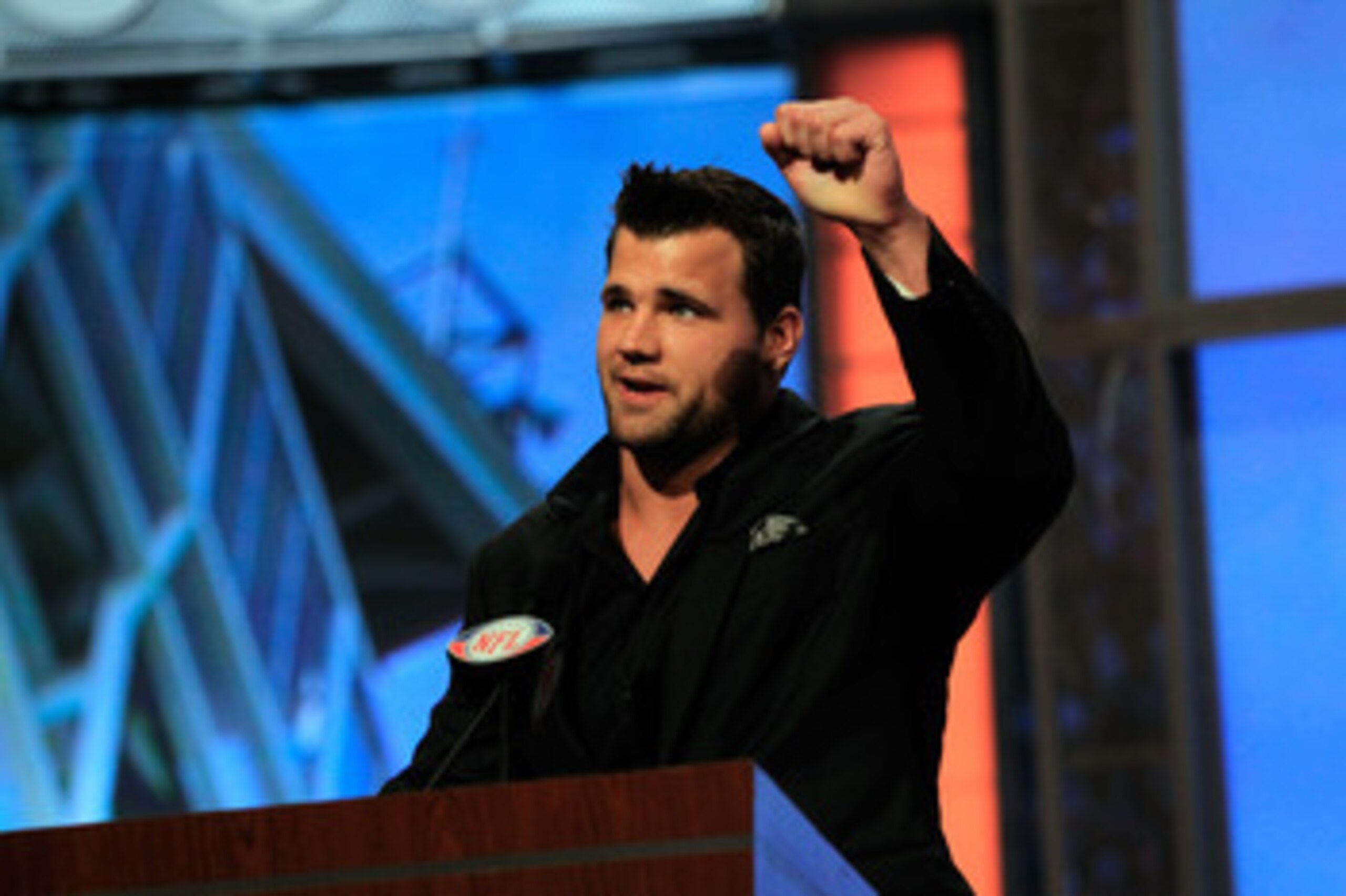 NEW YORK, NY - APRIL 28: Peyton Hillis of the Cleveland Browns announces Phil Taylor as the #21 overall pick by the Browns on stage during the 2011 NFL Draft at Radio City Music Hall on April 28, 2011 in New York City. (Photo by Chris Trotman/Getty Imag NEW YORK, NY - APRIL 28: Peyton Hillis of the Cleveland Browns announces Phil Taylor as the #21 overall pick by the Browns on stage during the 2011 NFL Draft at Radio City Music Hall on April 28, 2011 in New York City. (Photo by Chris Trotman/Getty Imag
