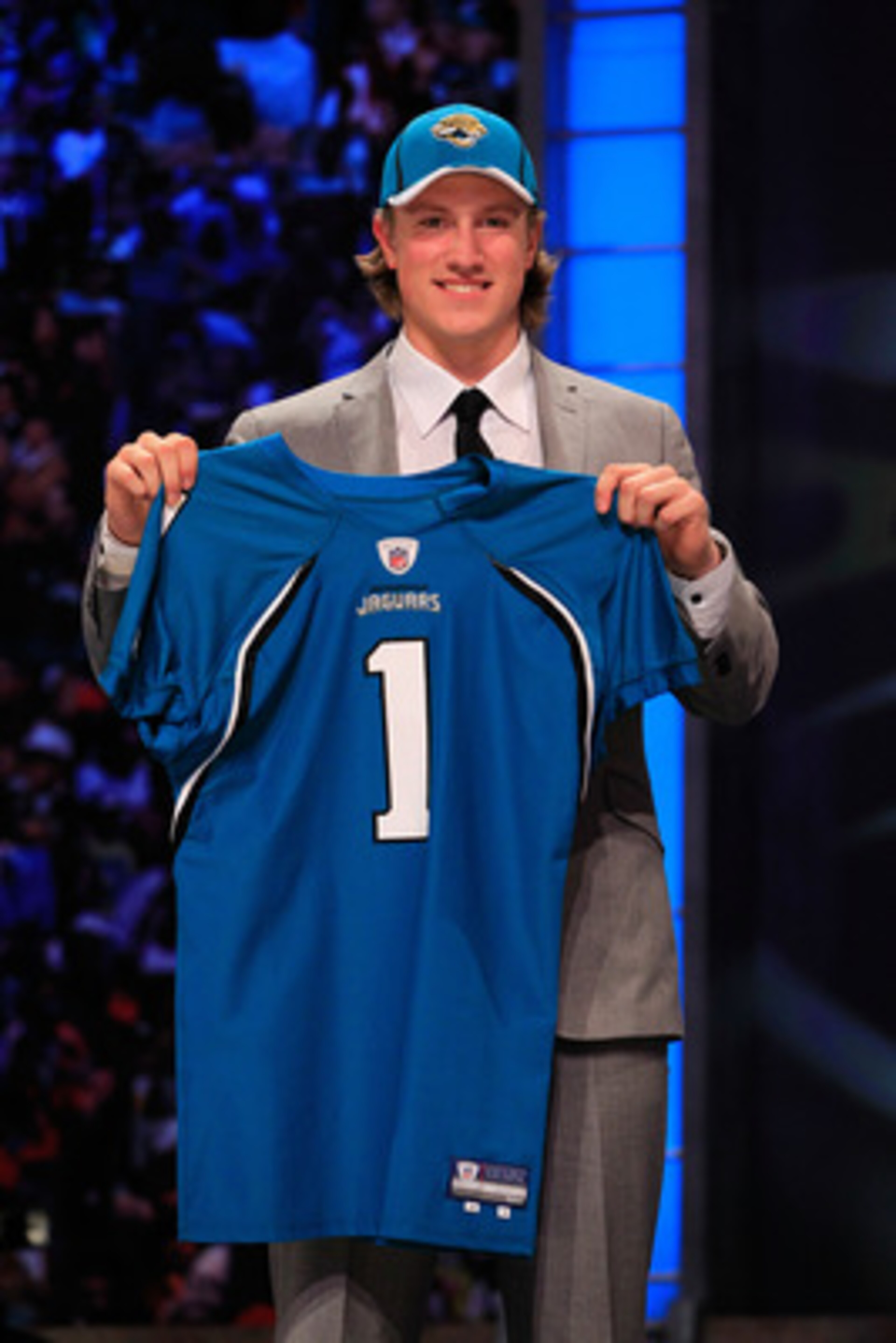 NEW YORK, NY - APRIL 28:  Blaine Gabbert, #11 overall pick by the Jacksonville Jaguars, holds up a jersey during the 2011 NFL Draft at Radio City Music Hall on April 28, 2011 in New York City.  (Photo by Chris Trotman/Getty Images)
