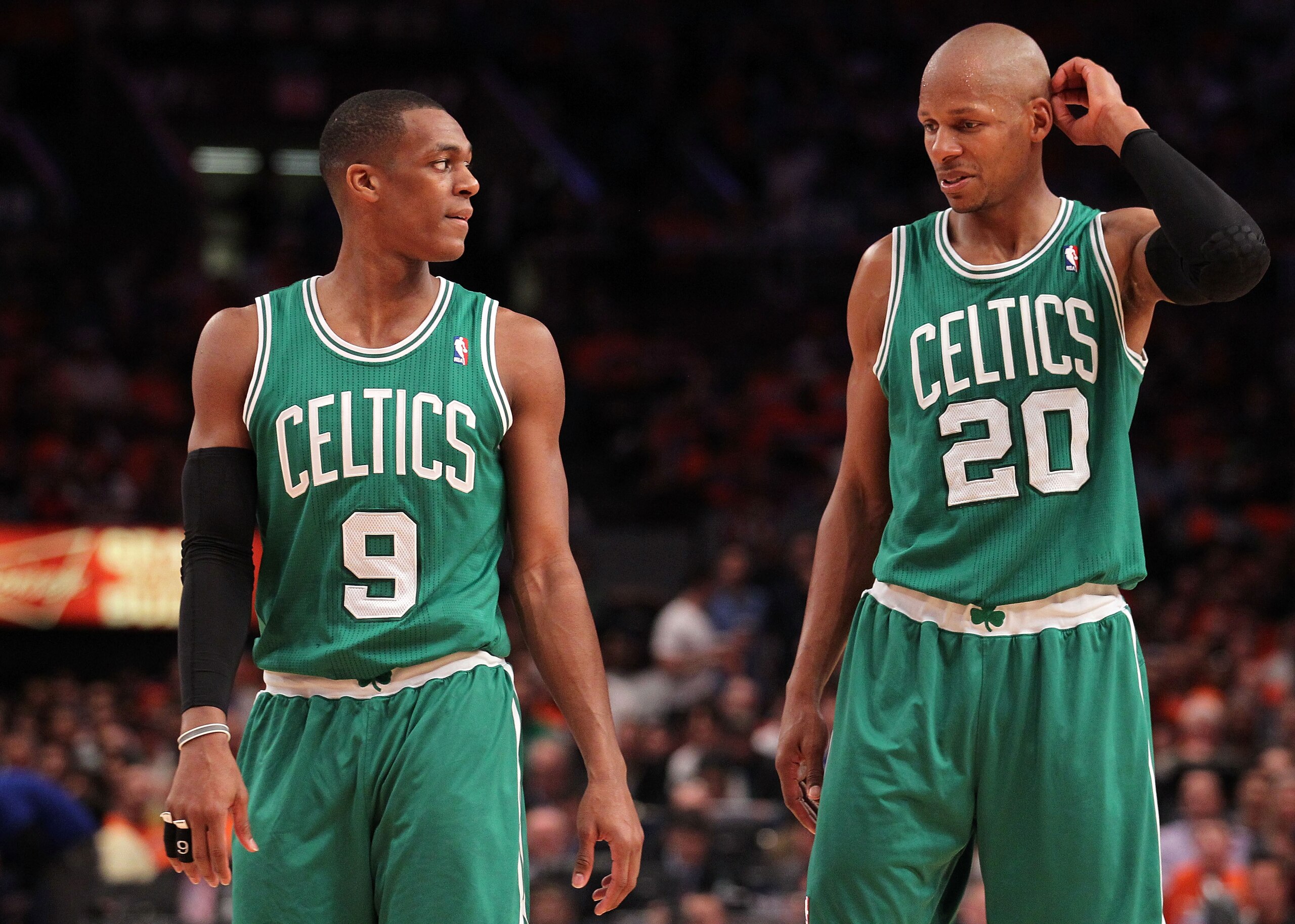 NEW YORK, NY - APRIL 24: (L-R) Rajon Rondo #9 and Ray Allen #20 of the Boston Celtics talk on court against the New York Knicks in Game Four of the Eastern Conference Quarterfinals during the 2011 NBA Playoffs on April 24, 2011 at Madison Square Garden i NEW YORK, NY - APRIL 24: (L-R) Rajon Rondo #9 and Ray Allen #20 of the Boston Celtics talk on court against the New York Knicks in Game Four of the Eastern Conference Quarterfinals during the 2011 NBA Playoffs on April 24, 2011 at Madison Square Garden i