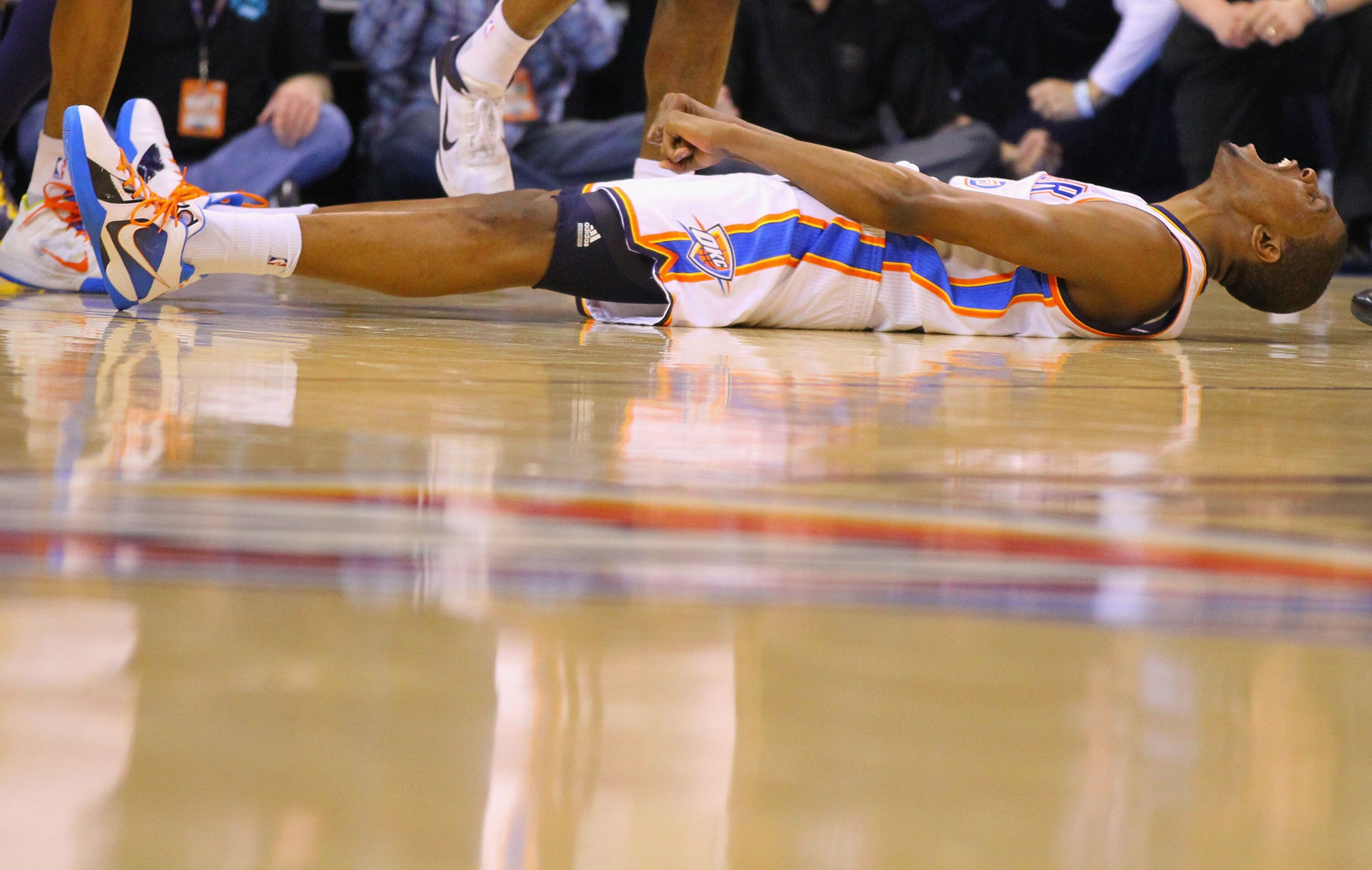 OKLAHOMA CITY, OK - APRIL 27: Kevin Durant #35 of the Oklahoma City Thunder reacts to being fouled against the Denver Nuggets in Game Five of the Western Conference Quarterfinals in the 2011 NBA Playoffs on April 27, 2011 at the Ford Center in Oklahoma Ci