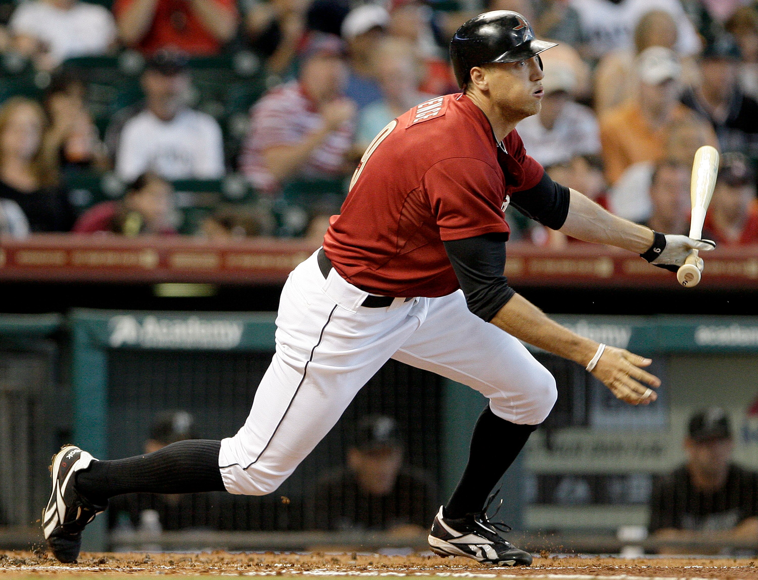 HOUSTON,TX- APRIL 10 : Hunter Pence #9 of the Houston Astros hits a RBI in the first inning to score Michael Bourn against  the Florida Marlins  in a MLB  baseball game on April 10, 2011 at Minute Maid Park in Houston, Texas. (Photo by Thomas B. Shea / Ge