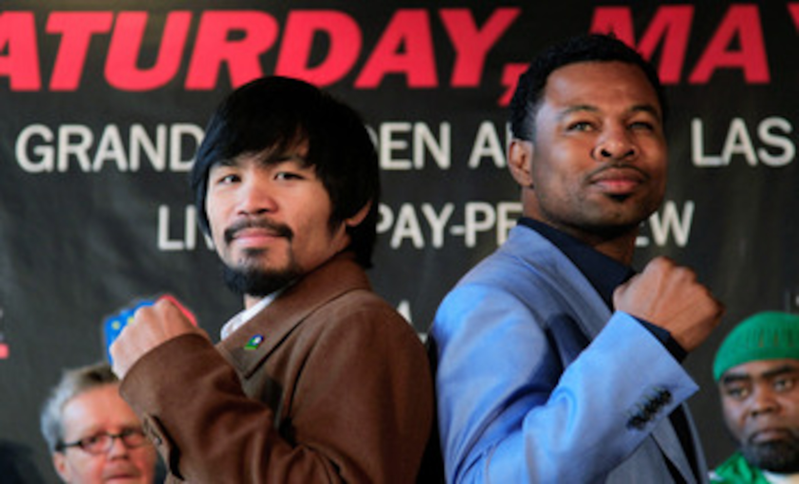 NEW YORK, NY - FEBRUARY 14:  (L) Manny Pacquiao and (R) Shane Mosley pose to promote their upcoming fight at The Lighthouse at Chelsea Piers on February 14, 2011 in New York City.  (Photo by Chris Trotman/Getty Images)