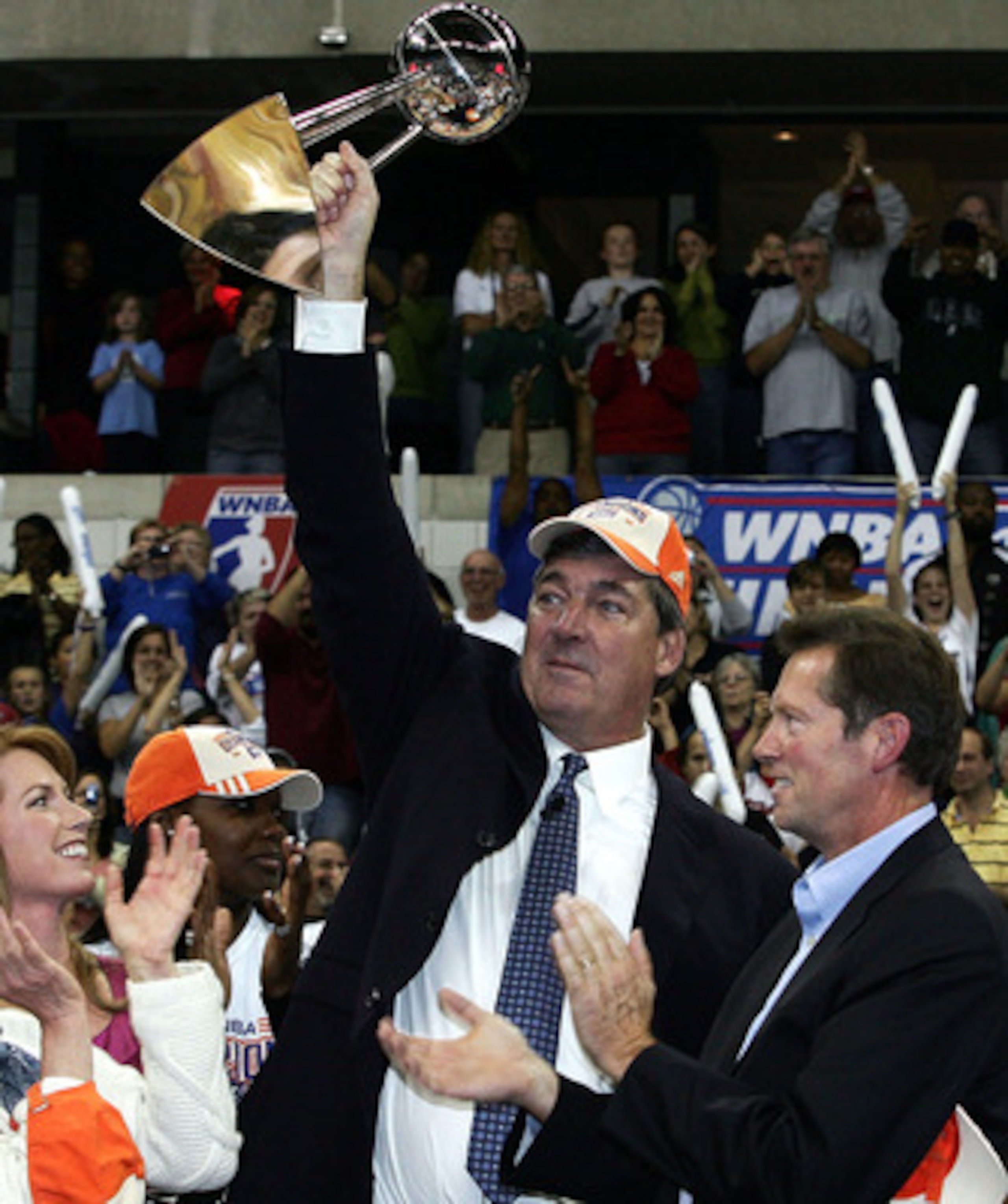 YPSILANTI, MI - OCTOBER 05: Detroit Shock head coach Bill Laimbeer holds the championship trophy after the Detroit Shock beat the San Antonio Silver Stars in Game 3 of the WNBA Finals at the Eastern Michigan University Convocation Center on October 5, 20 YPSILANTI, MI - OCTOBER 05: Detroit Shock head coach Bill Laimbeer holds the championship trophy after the Detroit Shock beat the San Antonio Silver Stars in Game 3 of the WNBA Finals at the Eastern Michigan University Convocation Center on October 5, 20