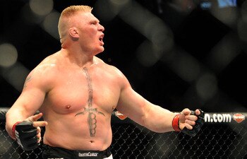 LAS VEGAS - JULY 11:  Brock Lesnar reacts after knocking out Frank Mir during their heavyweight title bout during UFC 100 on July 11, 2009 in Las Vegas, Nevada.  (Photo by Jon Kopaloff/Getty Images)