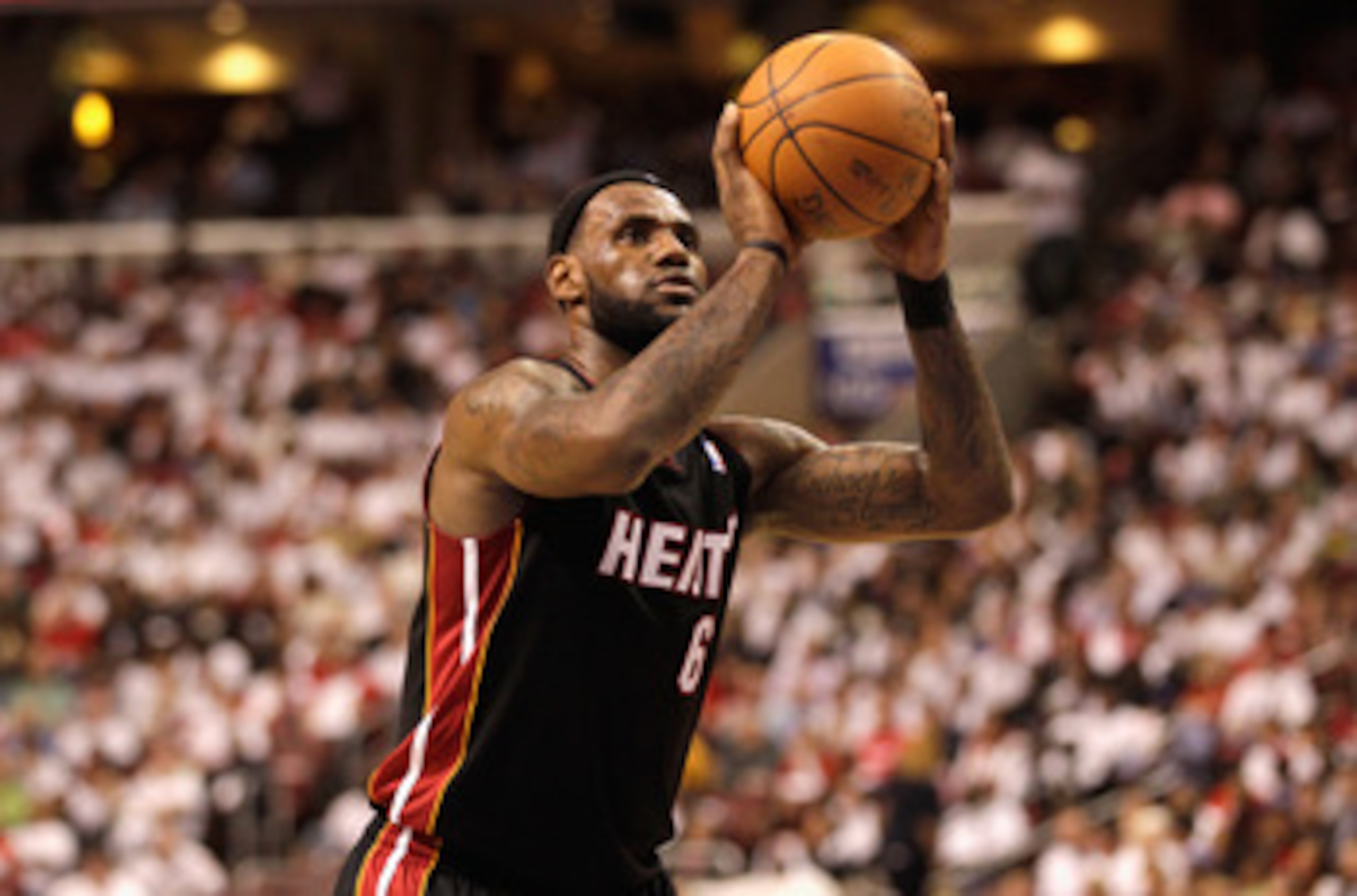 PHILADELPHIA, PA - APRIL 21: LeBron James #6 of the Miami Heat shoots a free throw against the Philadelphia 76ers in Game Three of the Eastern Conference Quarterfinals during the 2011 NBA Playoffs at Wells Fargo Center on April 21, 2011 in Philadelphia, P