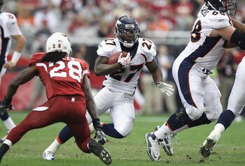 GLENDALE, AZ - DECEMBER 12:  Runningback Knowshon Moreno #27 of the Denver Broncos runs with the football during the NFL game against the Arizona Cardinals at the University of Phoenix Stadium on December 12, 2010 in Glendale, Arizona.  The Cardinals defe