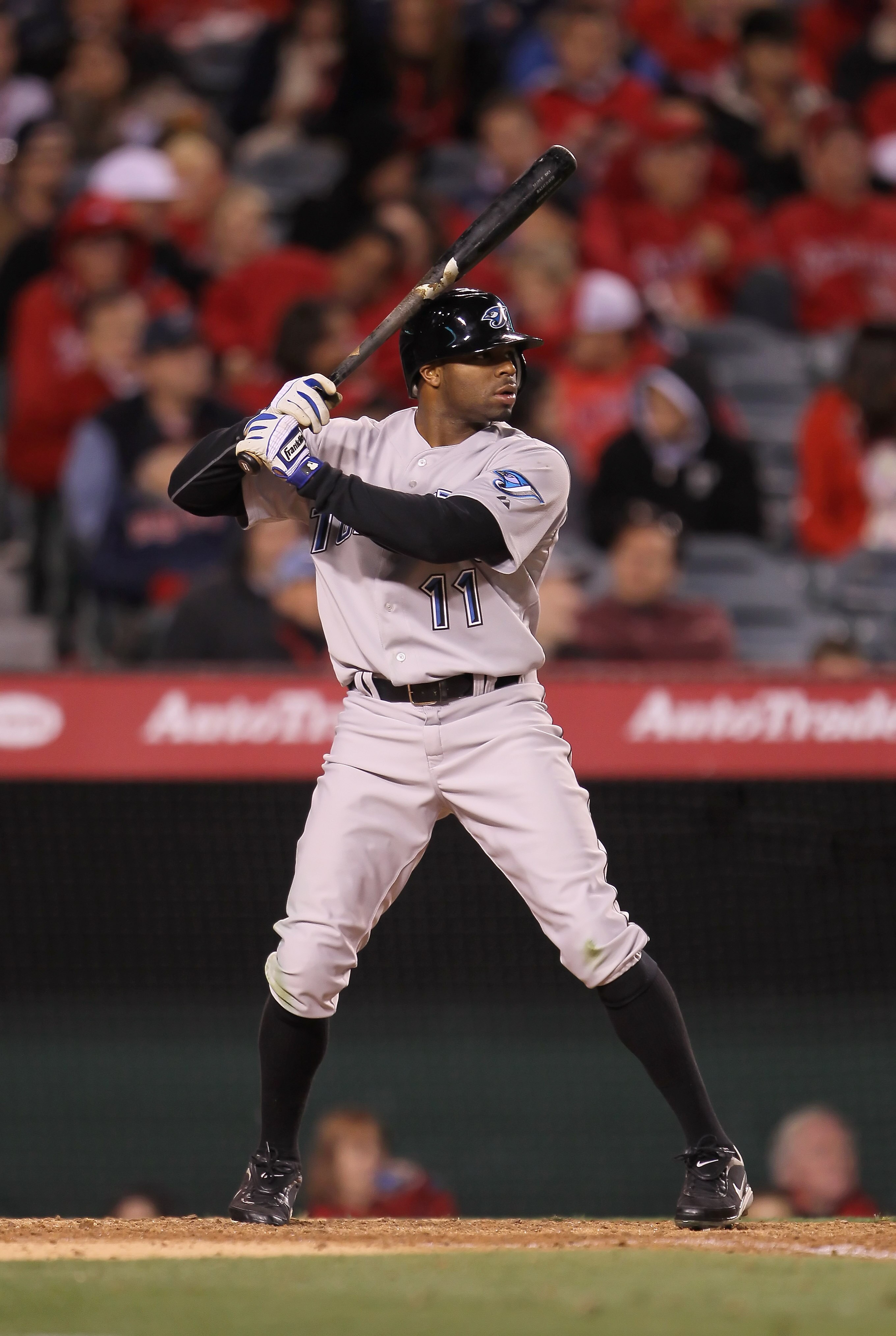 ANAHEIM, CA - APRIL 08:  Rajai Davis #11 of the Toronto Blue Jays bats against the Los Angeles Angels of Anaheim at Angel Stadium of Anaheim on April 8, 2011 in Anaheim, California.  (Photo by Jeff Gross/Getty Images)