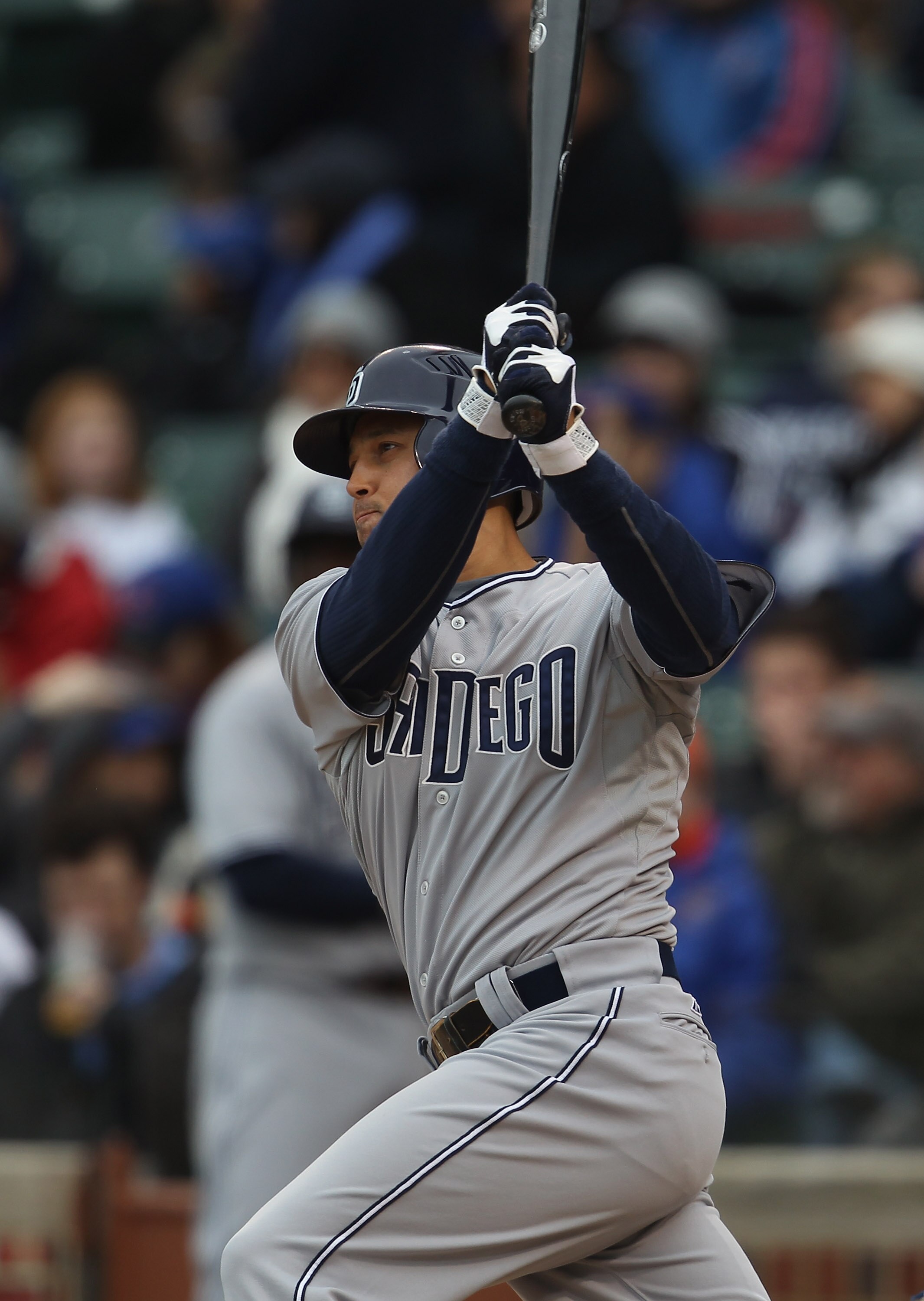 CHICAGO, IL - APRIL 20: Jason Bartlett #8 of the San Diego Padres takes a swing against the Chicago Cubs at Wrigley Field on April 20, 2011 in Chicago, Illinois. The Cubs defeated the Padres 2-1 in 11 innings. (Photo by Jonathan Daniel/Getty Images)