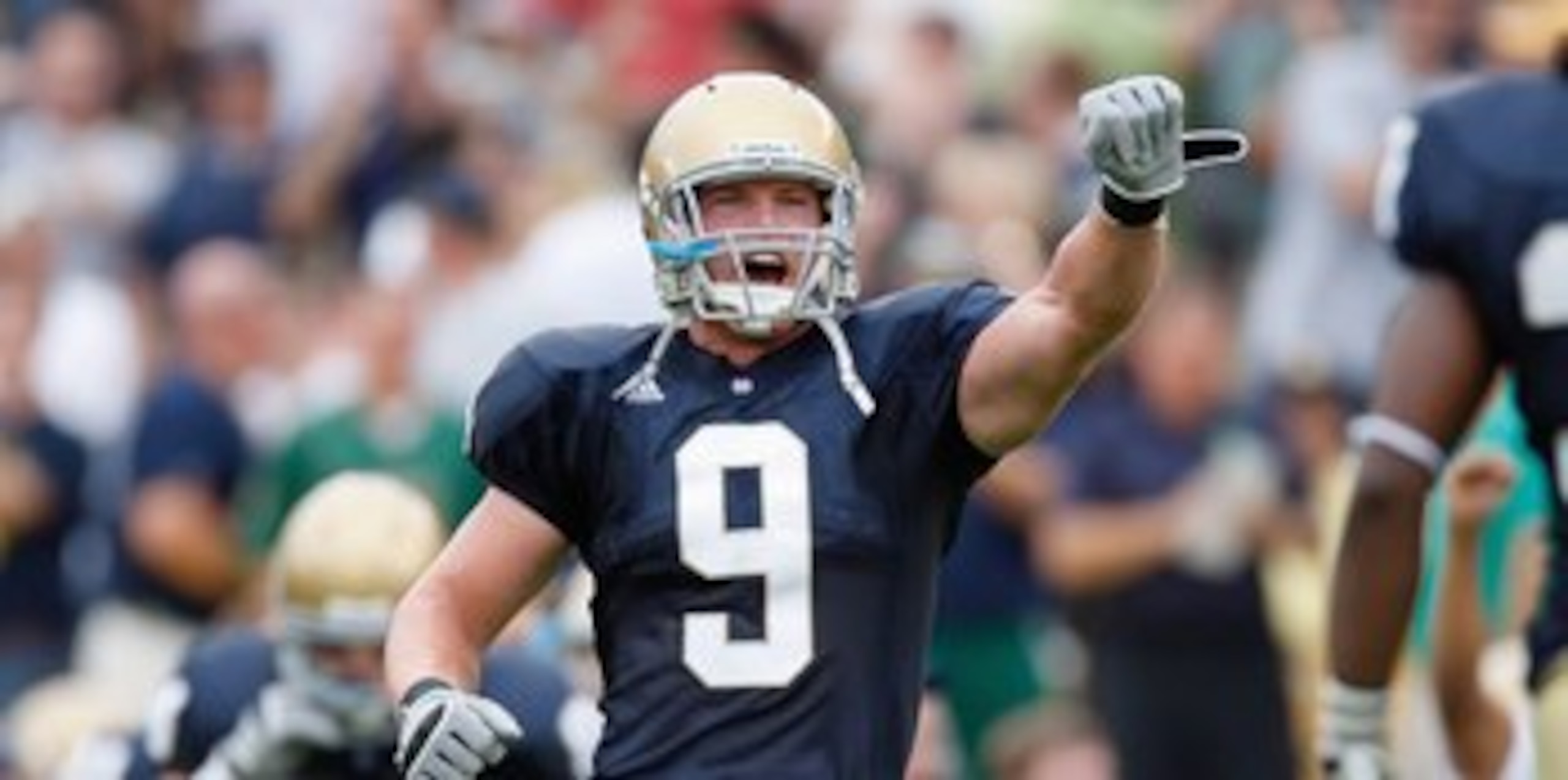 SOUTH BEND,IN - SEPTEMBER 13:  Ethan Johnson #9 of the Notre Dame Fighting Irish yells during the game against the Michigan Wolverines on September 13, 2008 at Notre Dame Stadium in South Bend, Indiana. (Photo by: Gregory Shamus/Getty Images)