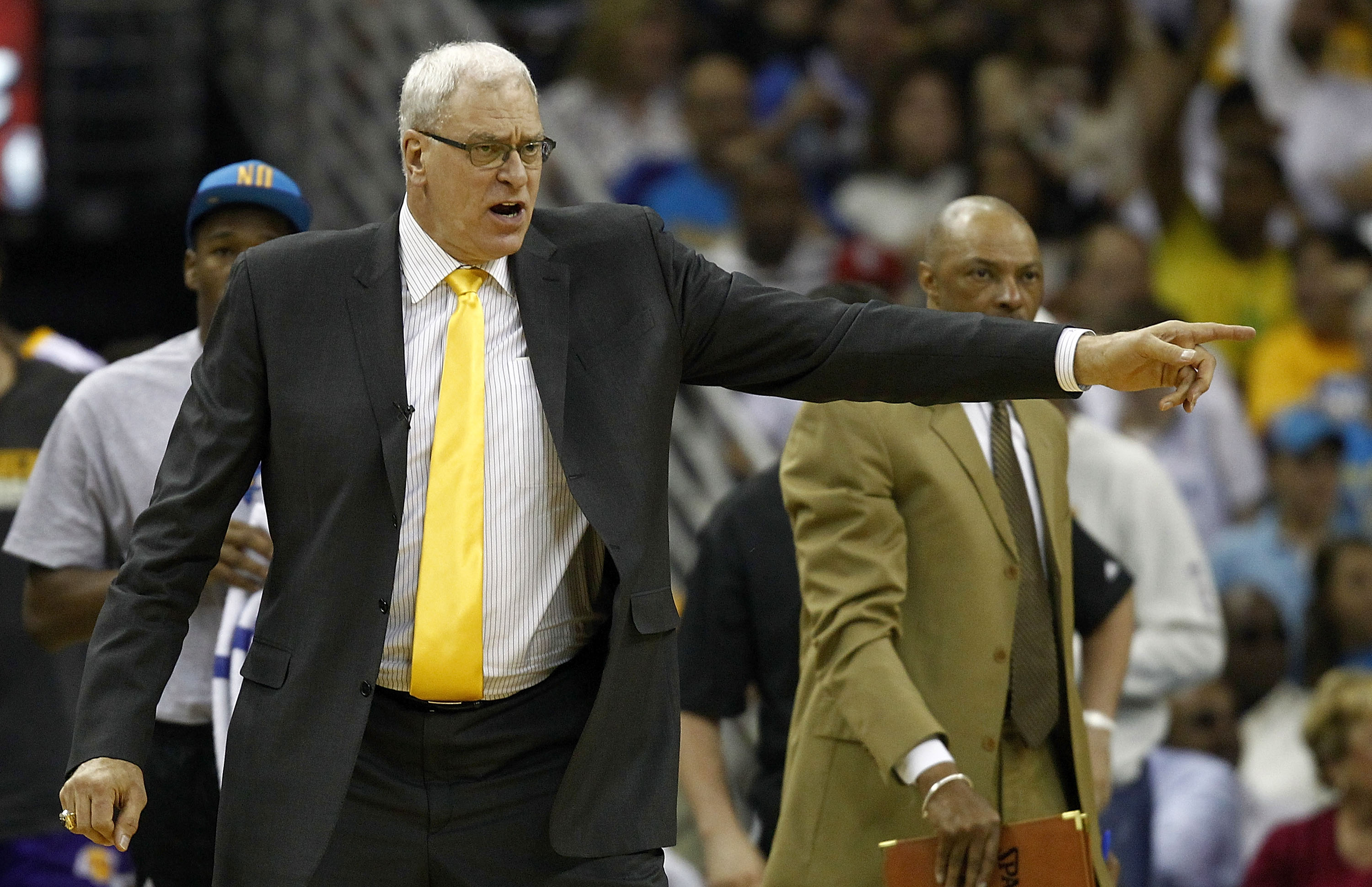 NEW ORLEANS - APRIL 24:  Phil Jackson, head coach of the Los Angeles Lakers, yells during Game Four of the Western Conference Quarterfinals against the New Orleans Hornets in the 2011 NBA Playoffs at New Orleans Arena on April 24, 2011 in New Orleans, Lou
