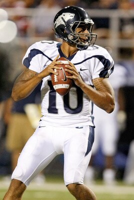 LAS VEGAS - OCTOBER 02:  Quarterback Colin Kaepernick #10 of the Nevada Reno Wolf Pack looks to pass against the  UNLV Rebels in the third quarter of their game at Sam Boyd Stadium October 2, 2010 in Las Vegas, Nevada. Nevada Reno won 44-26.  (Photo by Et