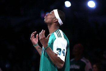 LOS ANGELES, CA - FEBRUARY 19:  Paul Pierce #34 of the Boston Celtics reacts as he competes in the Foot Locker Three-Point Contest apart of NBA All-Star Saturday Night at Staples Center on February 19, 2011 in Los Angeles, California.  (Photo by Jeff Gros
