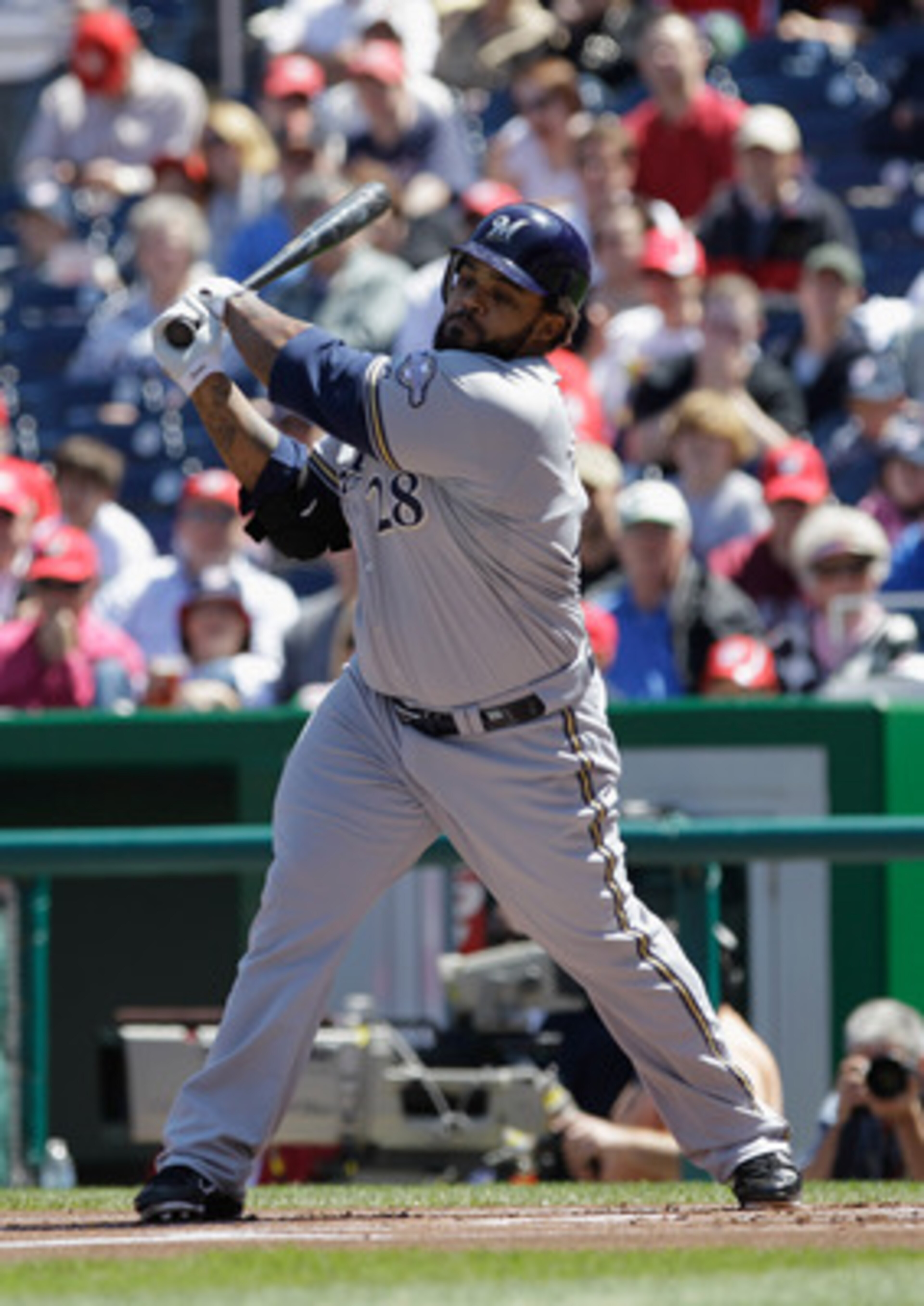 WASHINGTON, DC - APRIL 17: Prince Fielder #28 of the Milwaukee Brewers strikes out against the Washington Nationals at Nationals Park on April 17, 2011 in Washington, DC.  (Photo by Rob Carr/Getty Images)