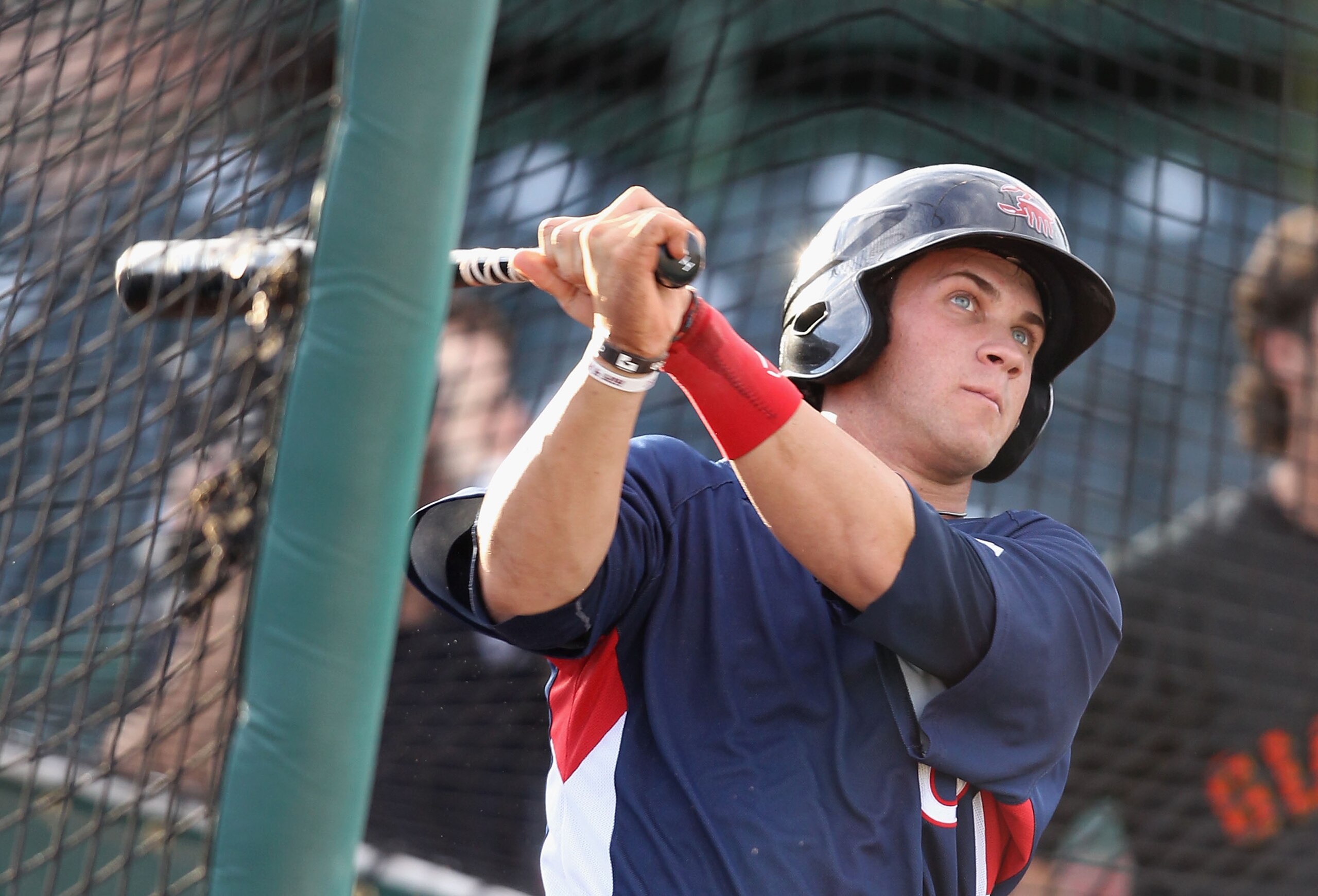 SCOTTSDALE, AZ - OCTOBER 20:  Washington Nationals prospect, Bryce Harper playing for the Scottsdale Scorpions takes batting practice before the AZ Fall League game against the Mesa Solar Sox at Scottsdale Stadium on October 20, 2010 in Scottsdale, Arizon