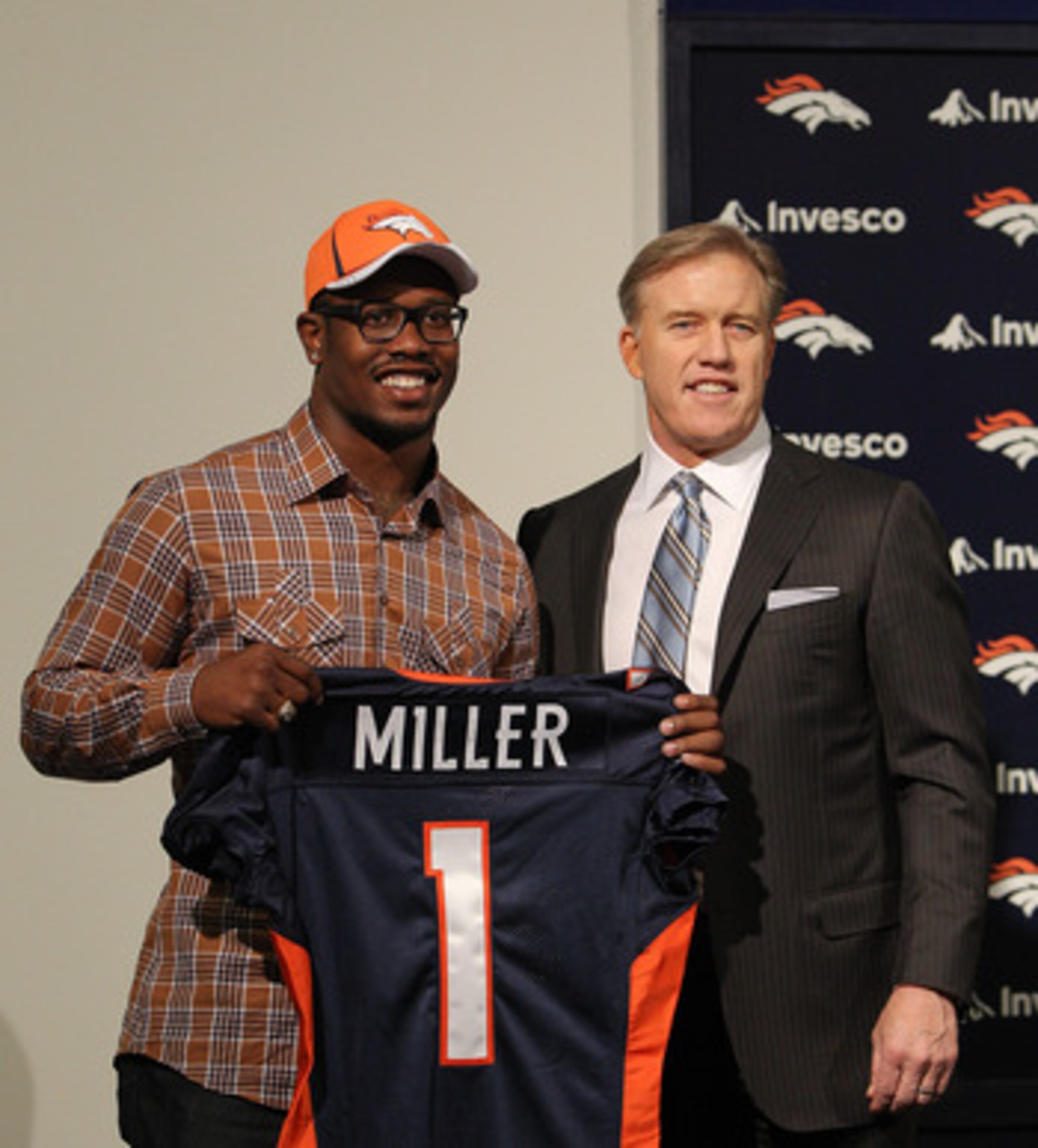 ENGLEWOOD, CO - APRIL 29:  Von Miller of the Denver Broncos is presented to the media for the first time with vice president of football operations John Elway at Dove Valley on April 29, 2011 in Englewood, Colorado. Miller, a projected outside linebacker 