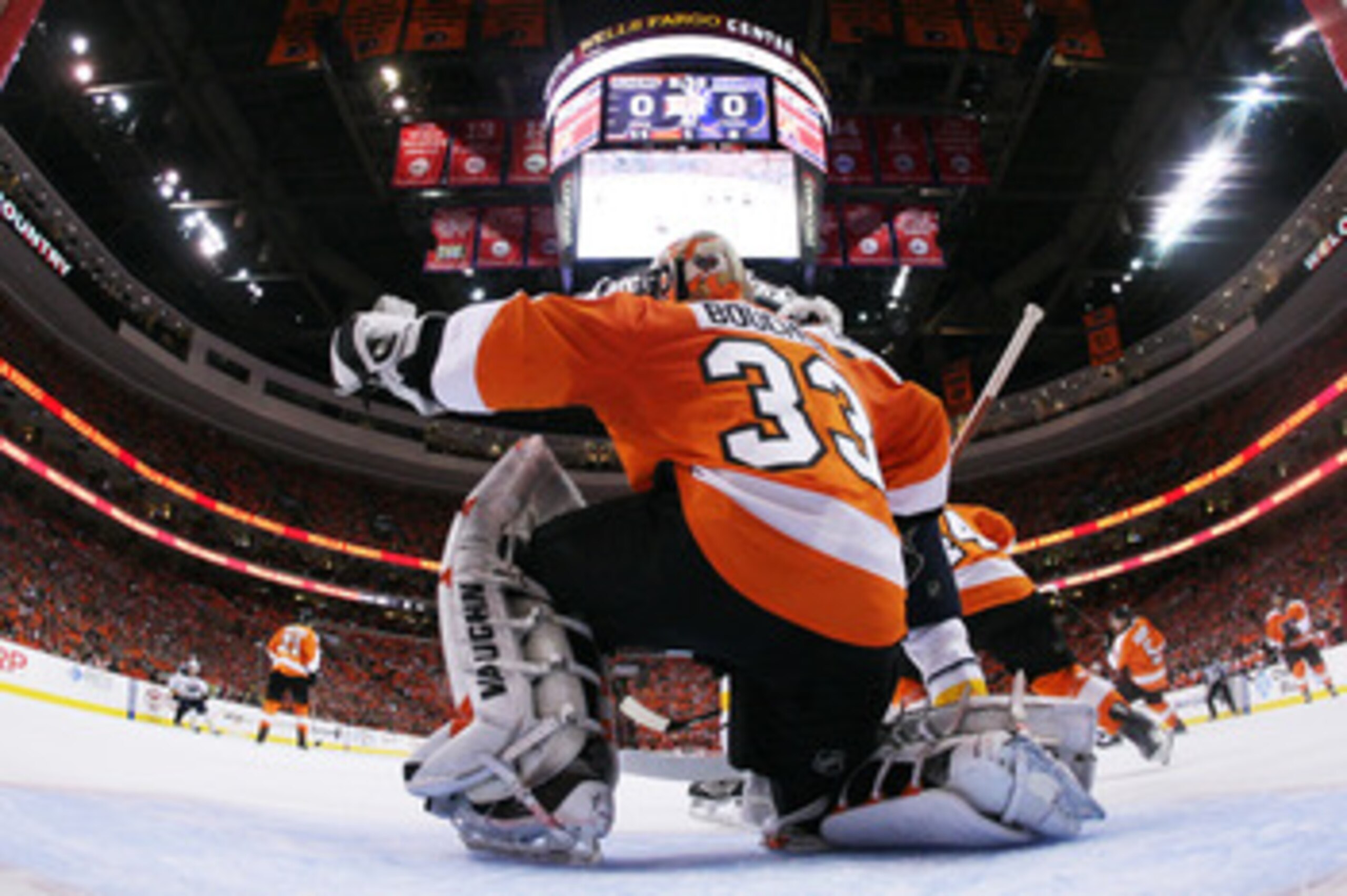 PHILADELPHIA, PA - APRIL 26: Brian Boucher #33 of the Philadelphia Flyers defends against the Buffalo Sabres in the first period of Game Seven of the Eastern Conference Quarterfinals during the 2011 NHL Stanley Cup Playoffs at Wells Fargo Center on April PHILADELPHIA, PA - APRIL 26: Brian Boucher #33 of the Philadelphia Flyers defends against the Buffalo Sabres in the first period of Game Seven of the Eastern Conference Quarterfinals during the 2011 NHL Stanley Cup Playoffs at Wells Fargo Center on April