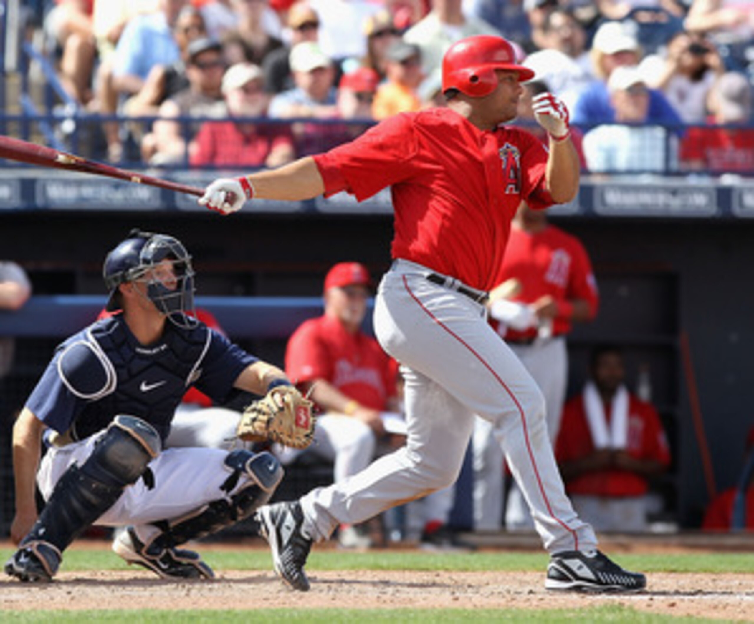 PEORIA, AZ - MARCH 15:  Bobby Abreu #53 of the Los Angeles Angels of Anaheim bats against the San Diego Padres during the fifth inning of the spring training game at Peoria Stadium on March 15, 2011 in Peoria, Arizona.  (Photo by Christian Petersen/Getty