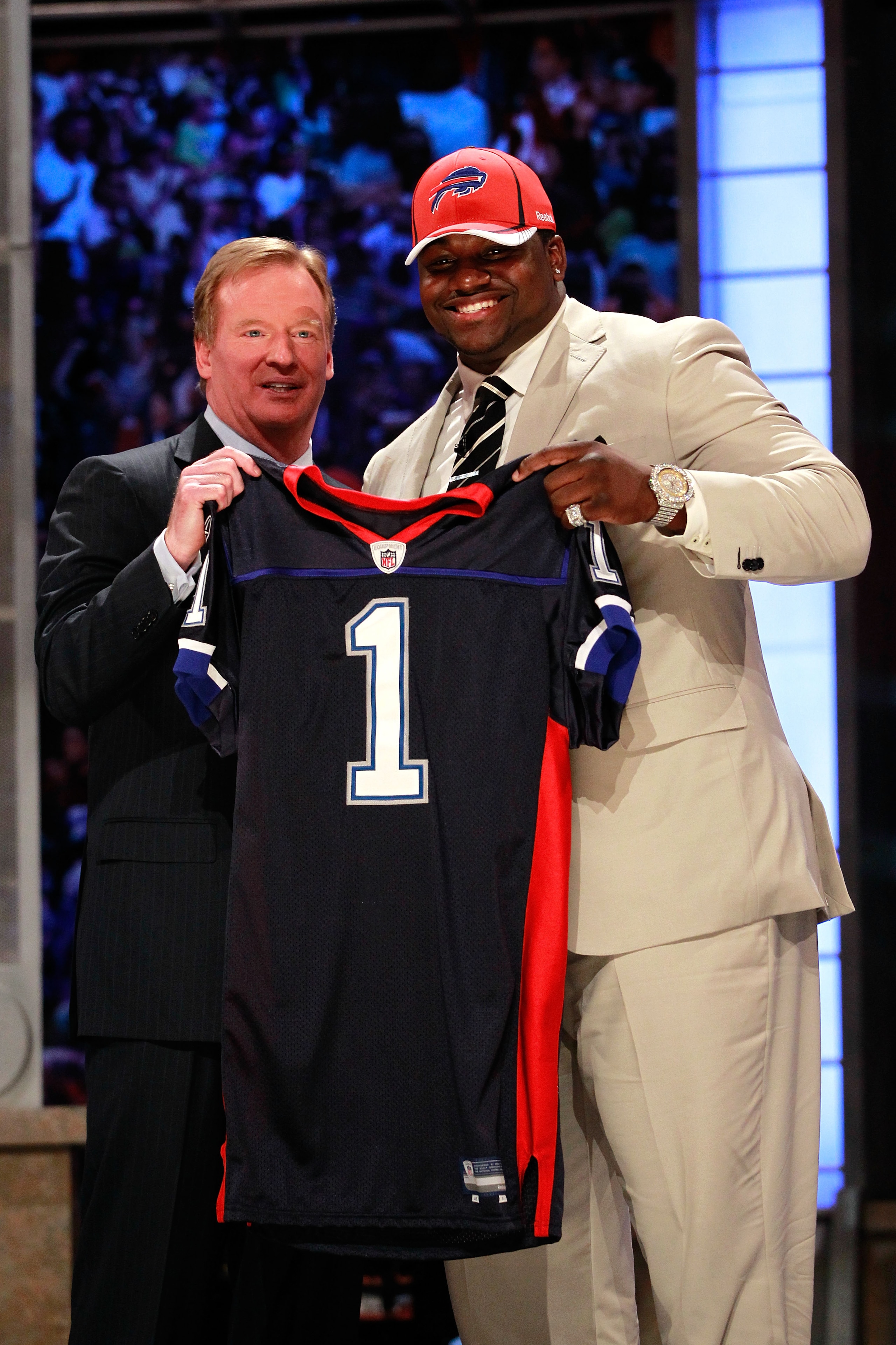 NEW YORK, NY - APRIL 28:  NFL Commissioner Roger Goodell poses for a photo with Marcell Dareus, #3 overall pick by the Buffalo Bills, as Dareus holds up a jersey during the 2011 NFL Draft at Radio City Music Hall on April 28, 2011 in New York City.  (Phot