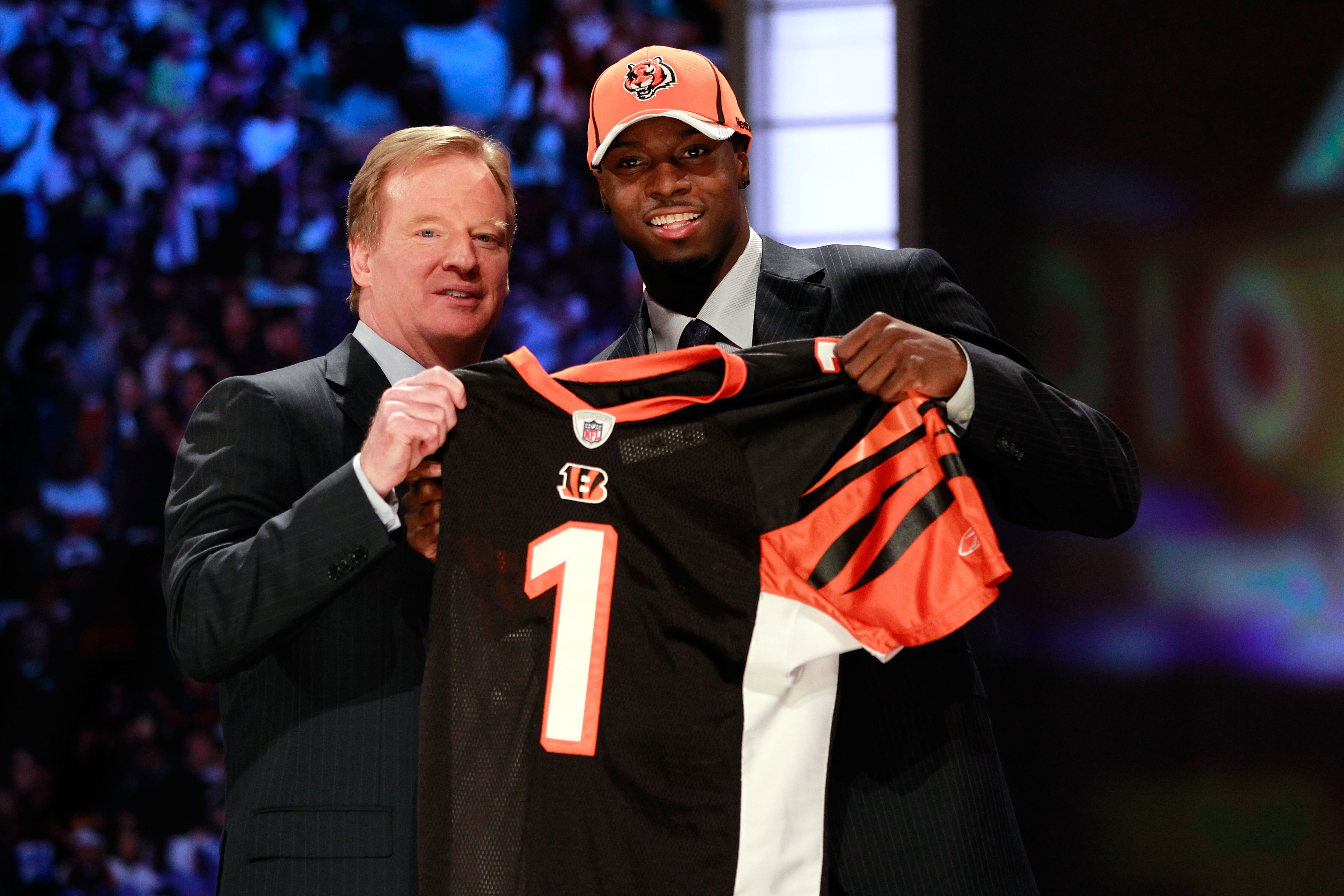 NEW YORK, NY - APRIL 28:  NFL Commissioner ROger Goodell poses for a photo with A.J. Green, #4 overall pick by the Cincinnati Bengals, as Green holds up a jersey during the 2011 NFL Draft at Radio City Music Hall on April 28, 2011 in New York City.  (Phot