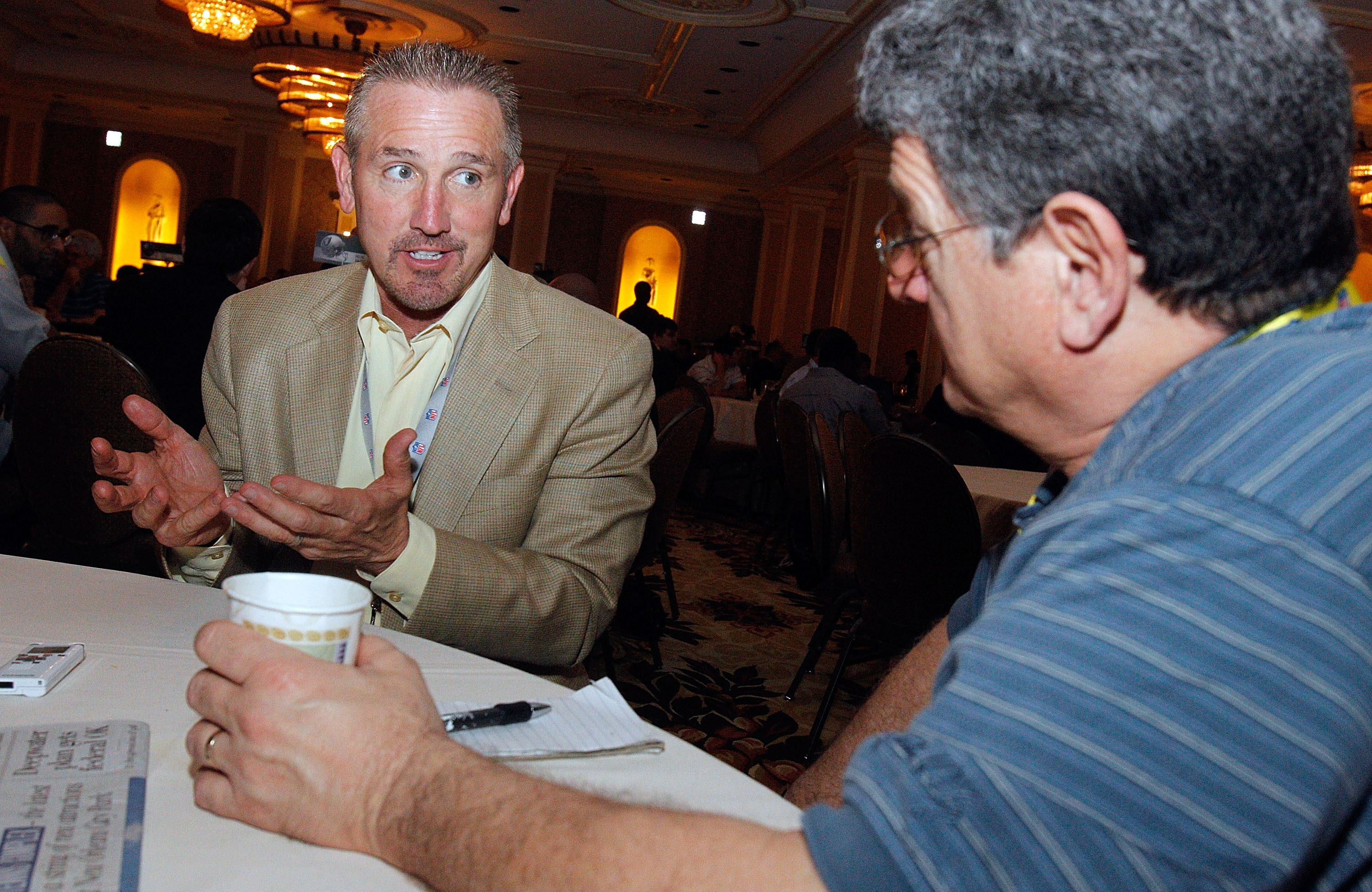 NEW ORLEANS, LA - MARCH 22:  St. Louis Rams head coach Steve Spagnuolo answers questions from the media during the NFL Annual Meetings at the Roosevelt Hotel on March 22, 2011 in New Orleans, Louisiana. Despite a NFL owners imposed lockout in effect since
