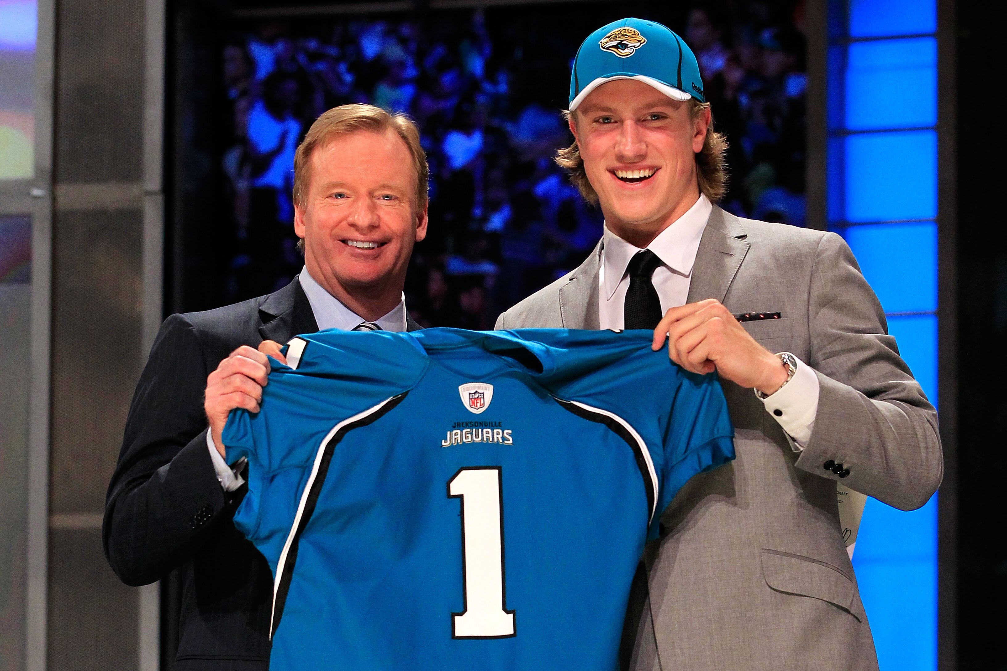 NEW YORK, NY - APRIL 28:  NFL Commissoner Roger Goodell poses for a photo with Blaine Gabbert, #11 overall pick by the Jacksonville Jaguars, holds up a jersey during the 2011 NFL Draft at Radio City Music Hall on April 28, 2011 in New York City.  (Photo b