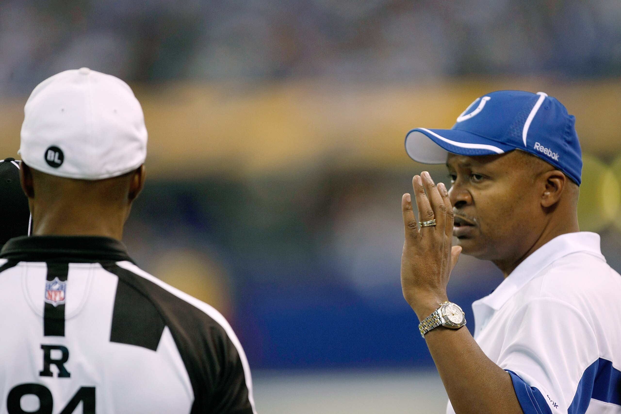 INDIANAPOLIS, IN - DECEMBER 19: Jim Caldwell of the Indianapolis Colts argues with Referee Mike Carey #94 against the Jacksonville Jaguars at Lucas Oil Stadium on December 19, 2010 in Indianapolis, Indiana.   The Colts defeated the Jaguars 34-24.   (Photo