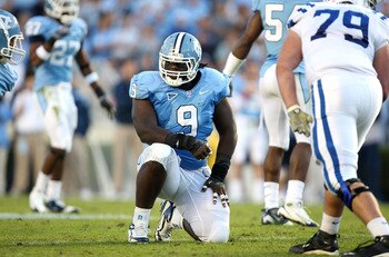 CHAPEL HILL, NC - NOVEMBER 07:  Marvin Austin #9 of the North Carolina Tar Heels watches on against the Duke Blue Devils during their game at Kenan Stadium on November 7, 2009 in Chapel Hill, North Carolina.  (Photo by Streeter Lecka/Getty Images)
