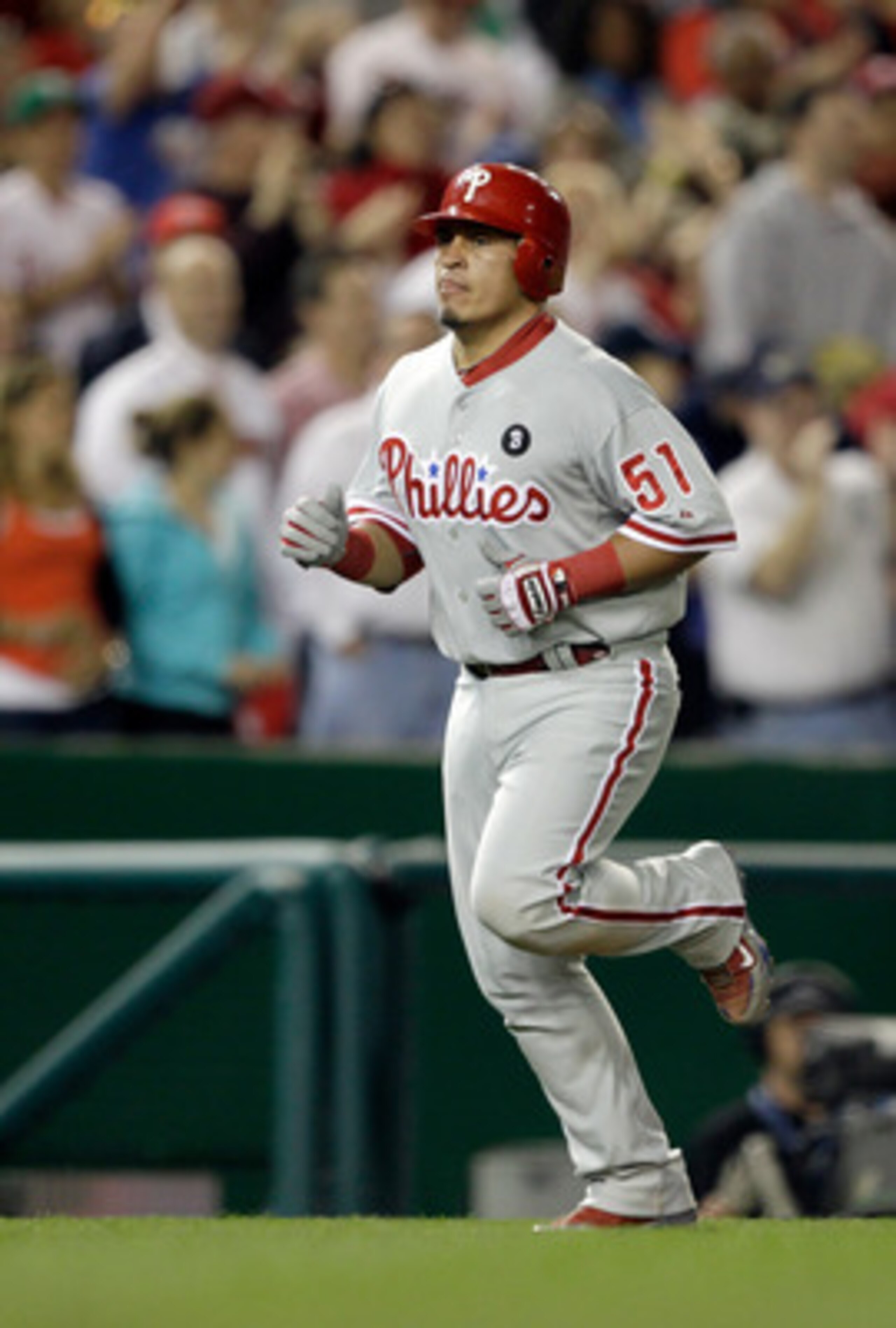 WASHINGTON, DC - APRIL 14: Carlos Ruiz #51 of the Philadelphia Phillies rounds the bases after hitting a home run against the Washington Nationals at Nationals Park on April 14, 2011 in Washington, DC.  (Photo by Rob Carr/Getty Images)