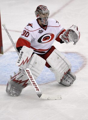 WASHINGTON, DC - MARCH 29:  Goalie Cam Ward #30 of the Carolina Hurricanes against the Washington Capitals at the Verizon Center on March 29, 2011 in Washington, DC.  (Photo by Rob Carr/Getty Images)