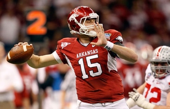NEW ORLEANS, LA - JANUARY 04:  Quarterback Ryan Mallett #15 of the Arkansas Razorbacks looks to pass against the Ohio State Buckeyes during the Allstate Sugar Bowl at the Louisiana Superdome on January 4, 2011 in New Orleans, Louisiana.  (Photo by Matthew