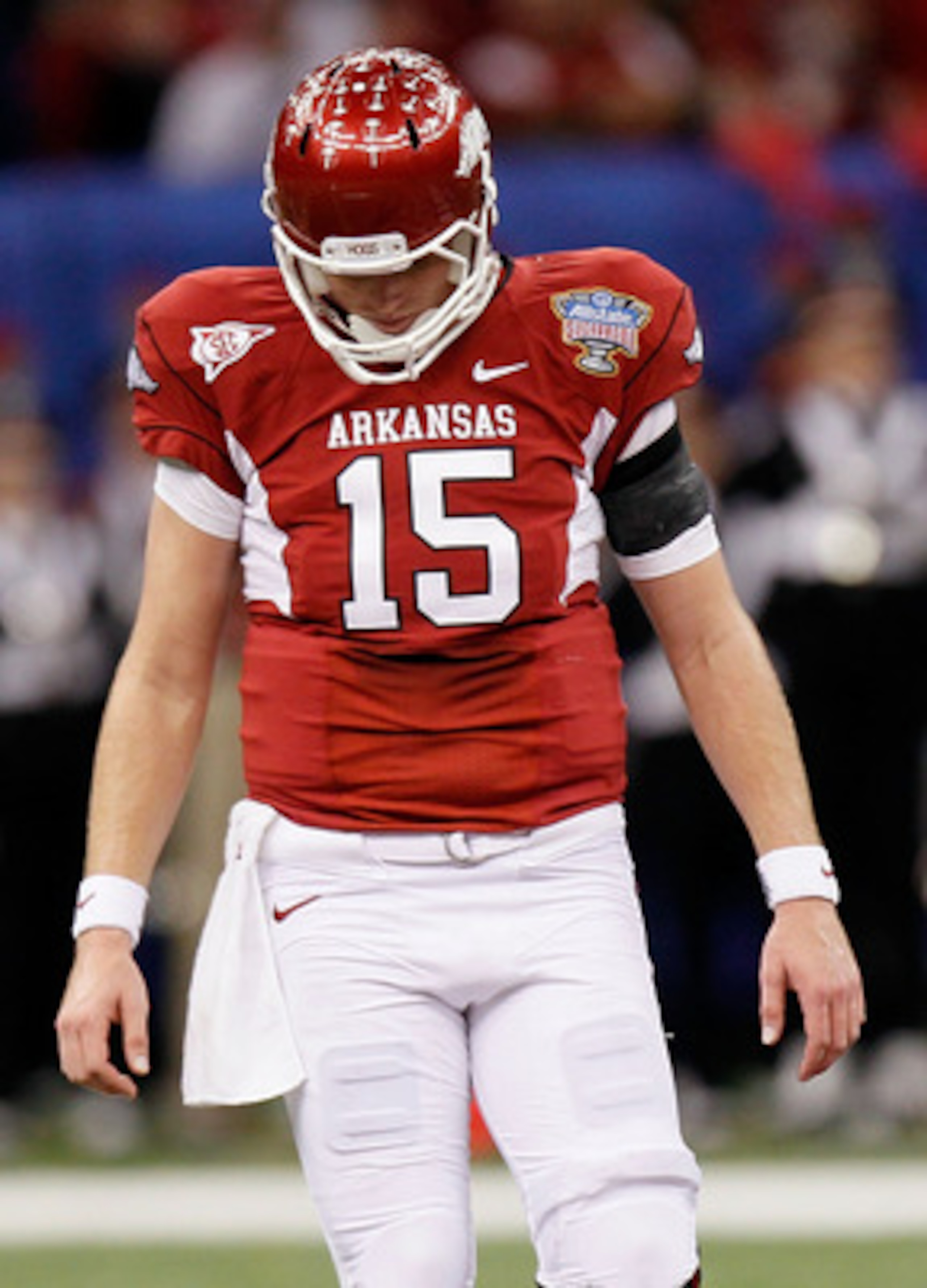 NEW ORLEANS, LA - JANUARY 04:  Ryan Mallett #15 of the Arkansas Razorbacks looks down in the second half against the Ohio State Buckeyes during the Allstate Sugar Bowl at the Louisiana Superdome on January 4, 2011 in New Orleans, Louisiana.  (Photo by Kev