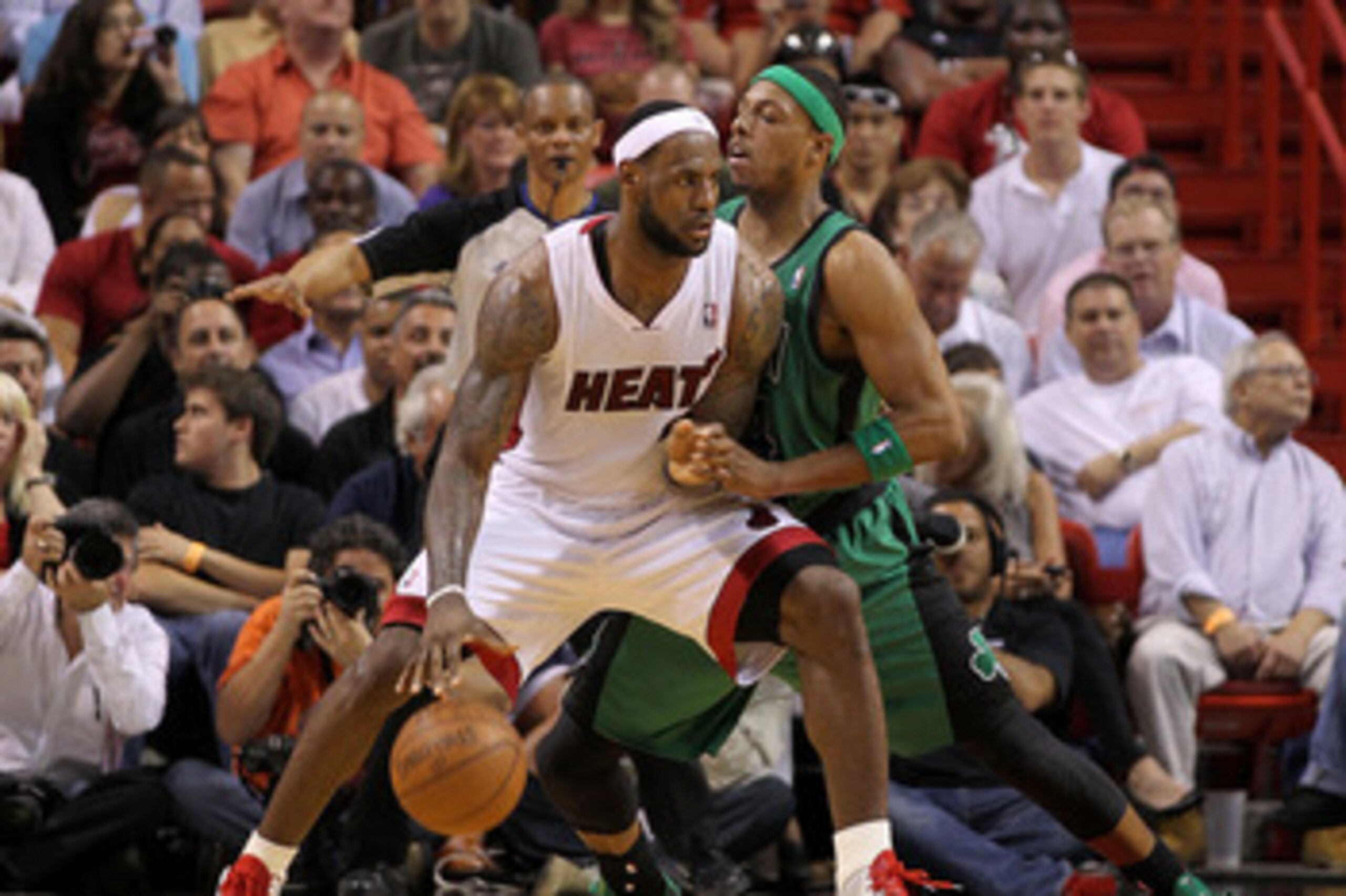 MIAMI, FL - APRIL 10:  LeBron James #6 of the Miami Heat posts up Paul Pierce #34 of the Boston Celtics during a game  at American Airlines Arena on April 10, 2011 in Miami, Florida. NOTE TO USER: User expressly acknowledges and agrees that, by downloadin
