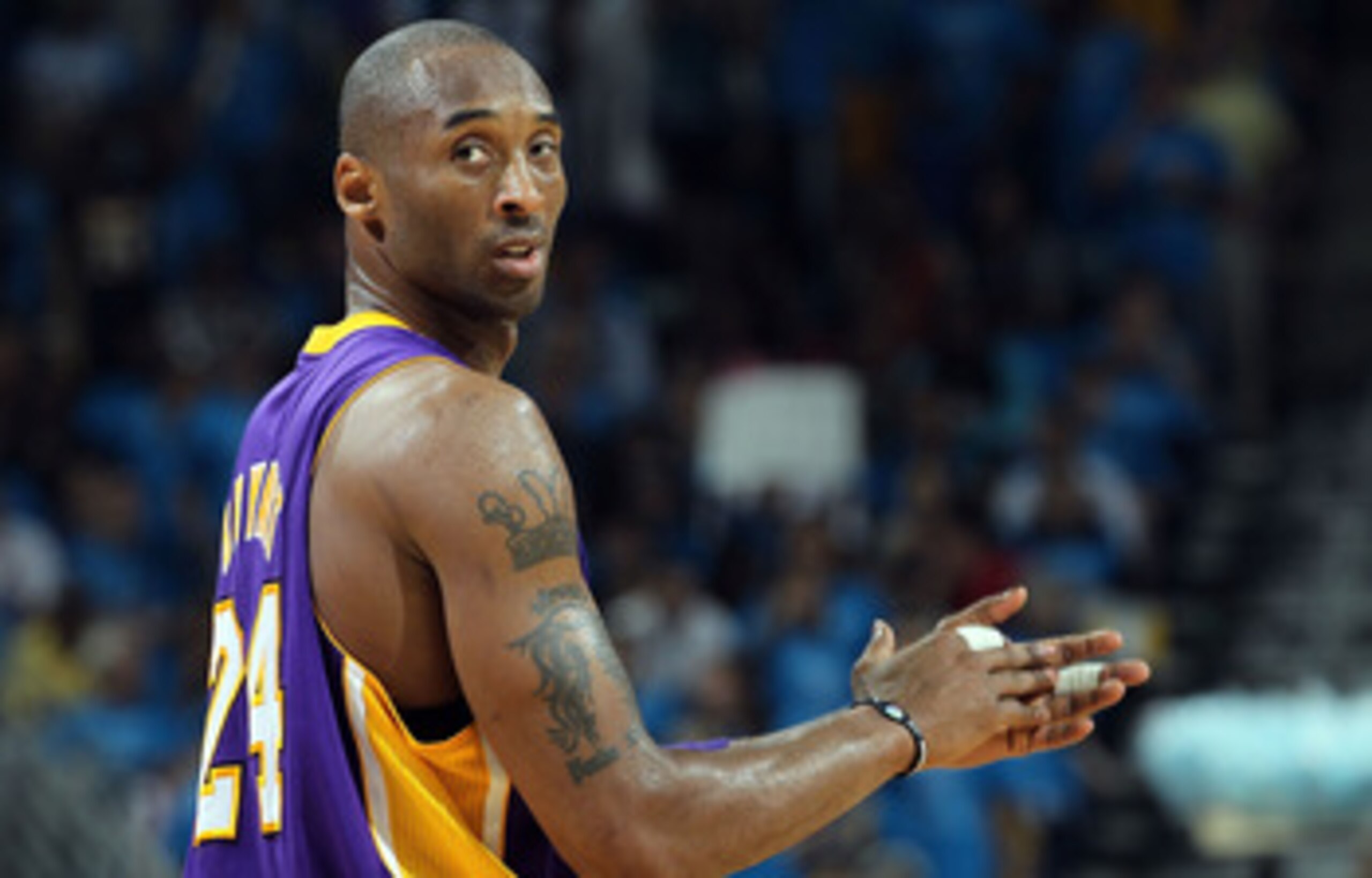 NEW ORLEANS, LA - APRIL 28:  Kobe Bryant #24 of the Los Angeles Lakers reacts during play against the New Orleans Hornets in Game Six of the Western Conference Quarterfinals in the 2011 NBA Playoffs on April 28, 2011 at New Orleans Arena in New Orleans, L