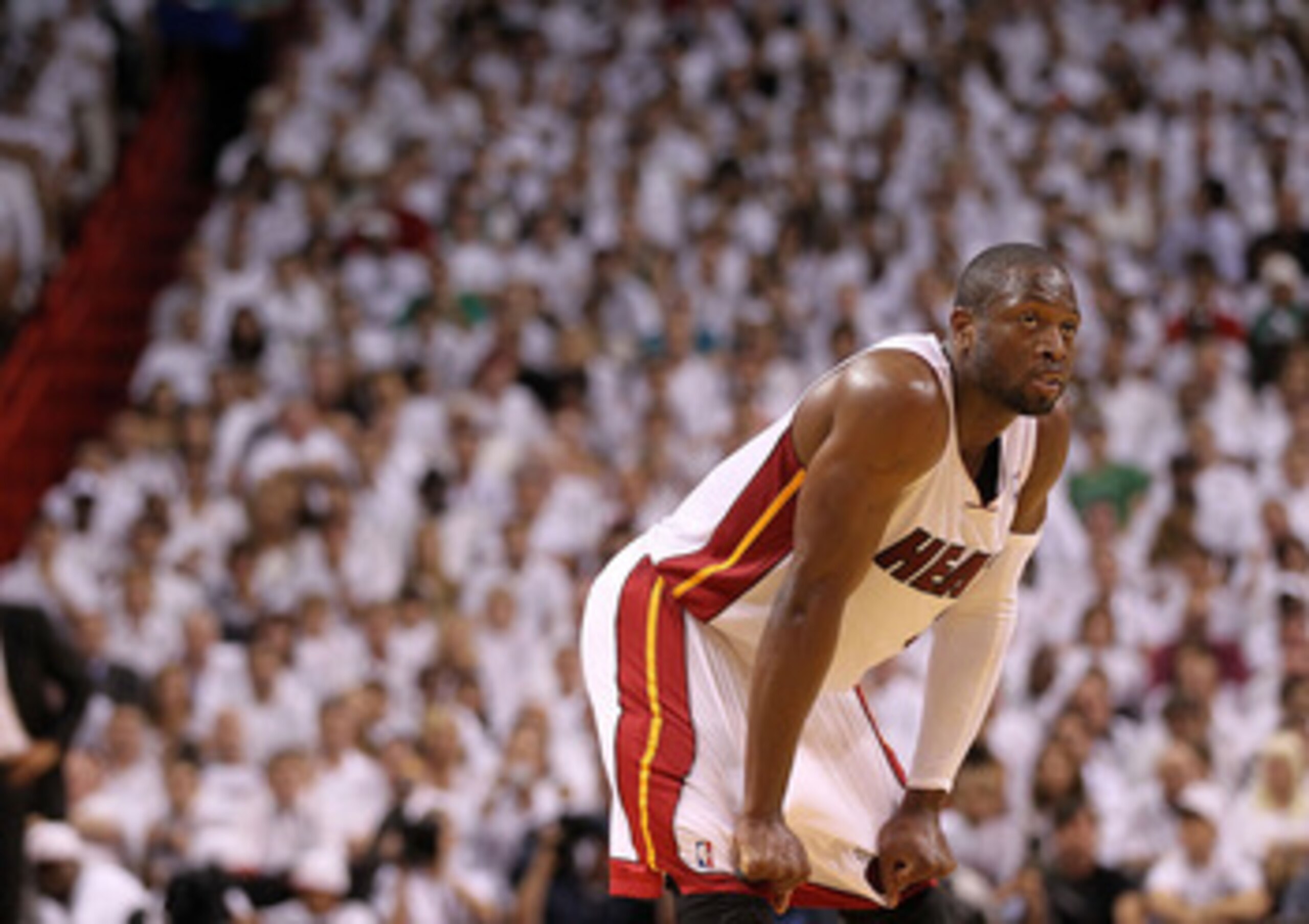 MIAMI, FL - MAY 01:  Dwyane Wade #3 of the Miami Heat looks on during Game One of the Eastern Conference Semifinals of the 2011 NBA Playoffs against the Boston Celtics at American Airlines Arena on May 1, 2011 in Miami, Florida. NOTE TO USER: User express