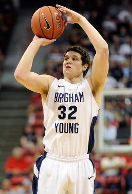 LAS VEGAS, NV - MARCH 10:  Jimmer Fredette #32 of the Brigham Young University Cougars shoots against the Texas Christian University Horned Frogs during a quarterfinal game of the Conoco Mountain West Conference Basketball tournament at the Thomas & Mack