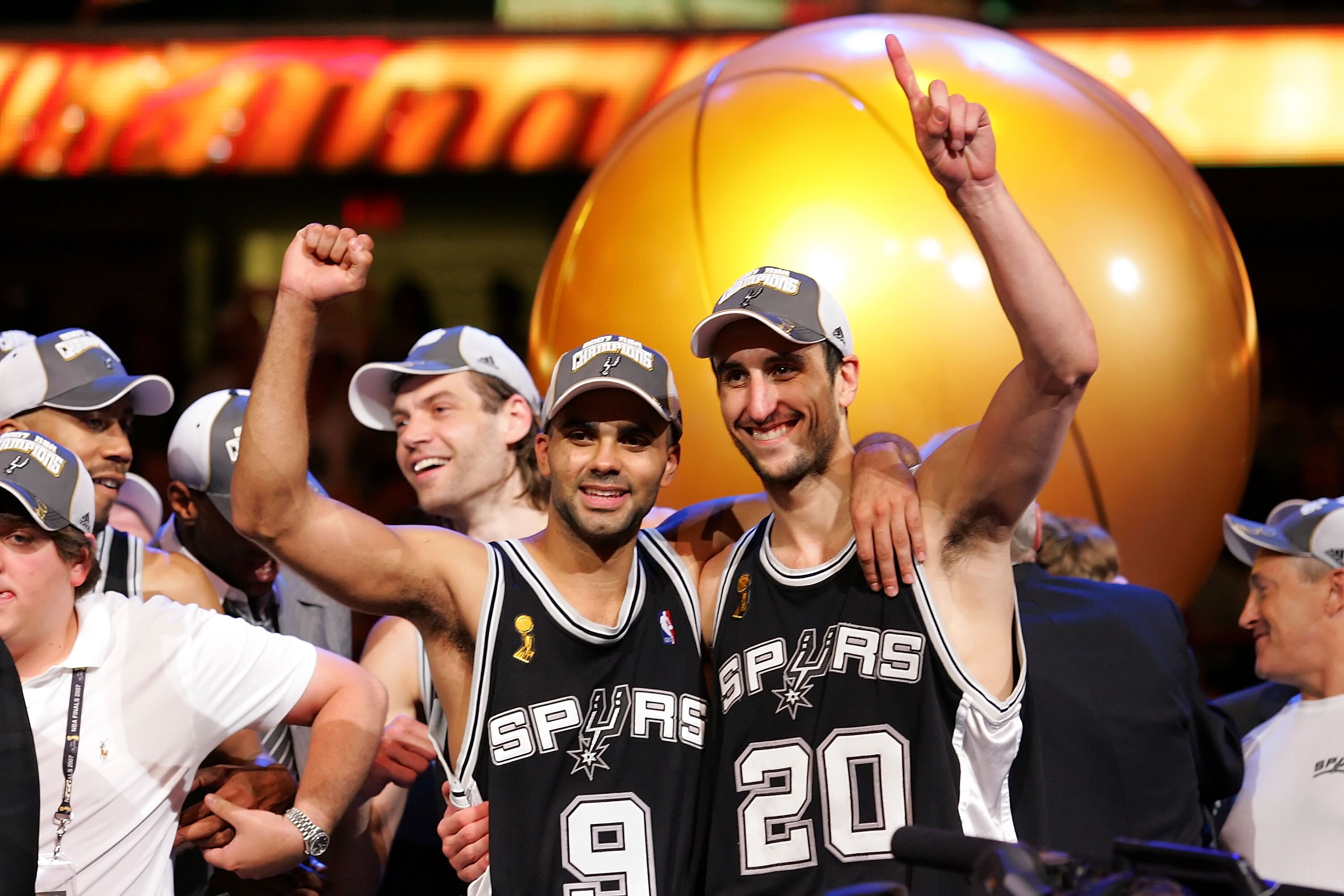 CLEVELAND - JUNE 14: Tony Parker #9 and Manu Ginobili #20 of the San Antonio Spurs celebrate the win over the Cleveland Cavaliers in Game Four of the NBA Finals on June 14, 2007 at the Quicken Loans Arena in Cleveland, Ohio. NOTE TO USER: User expressly a