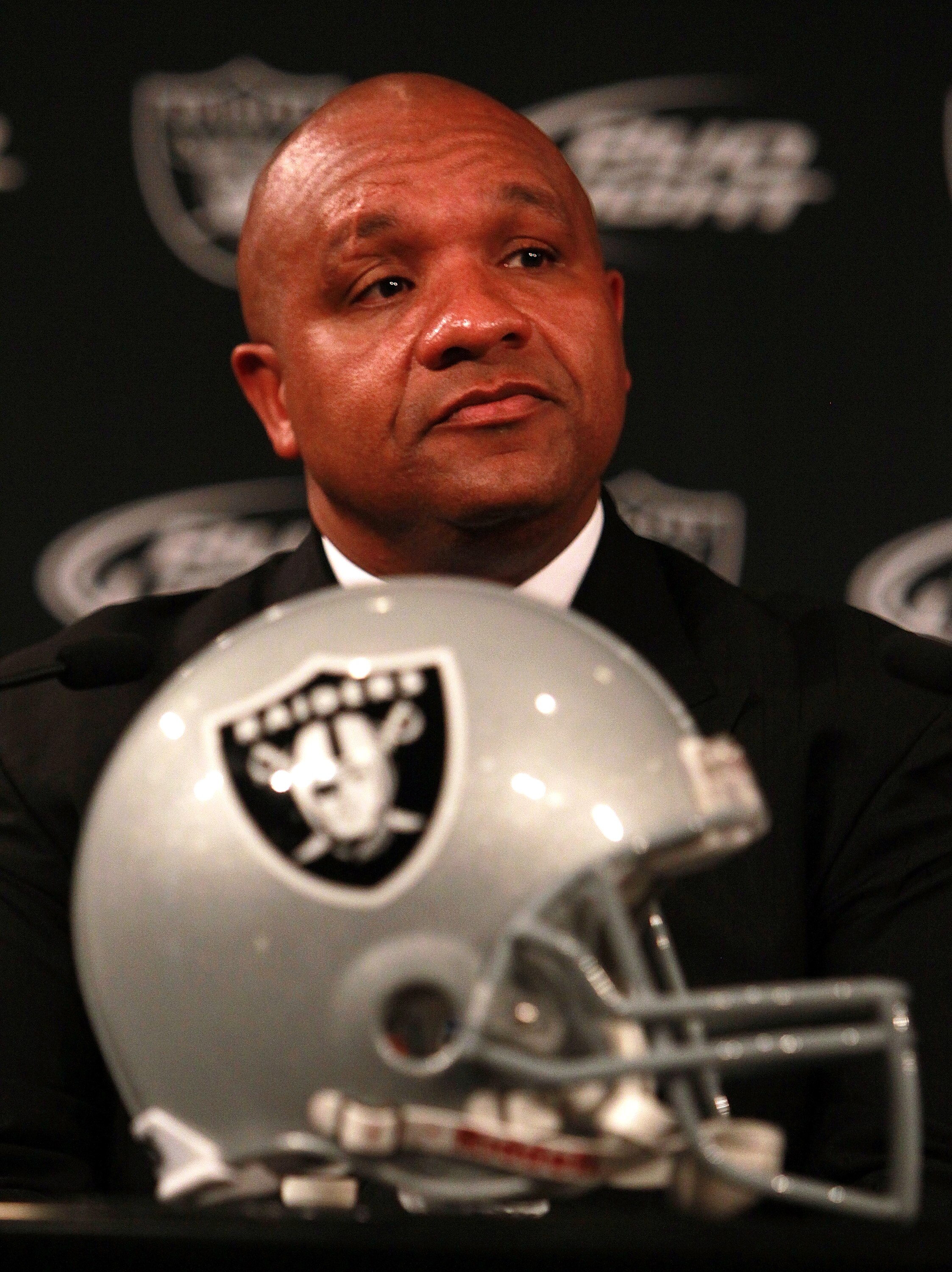 ALAMEDA, CA - JANUARY 18:  New Oakland Raiders coach Hue Jackson looks on during a press conference on January 18, 2011 in Alameda, California.  Hue Jackson was introduced as the new coach of the Oakland Raiders, replacing the fired Tom Cable.  (Photo by 