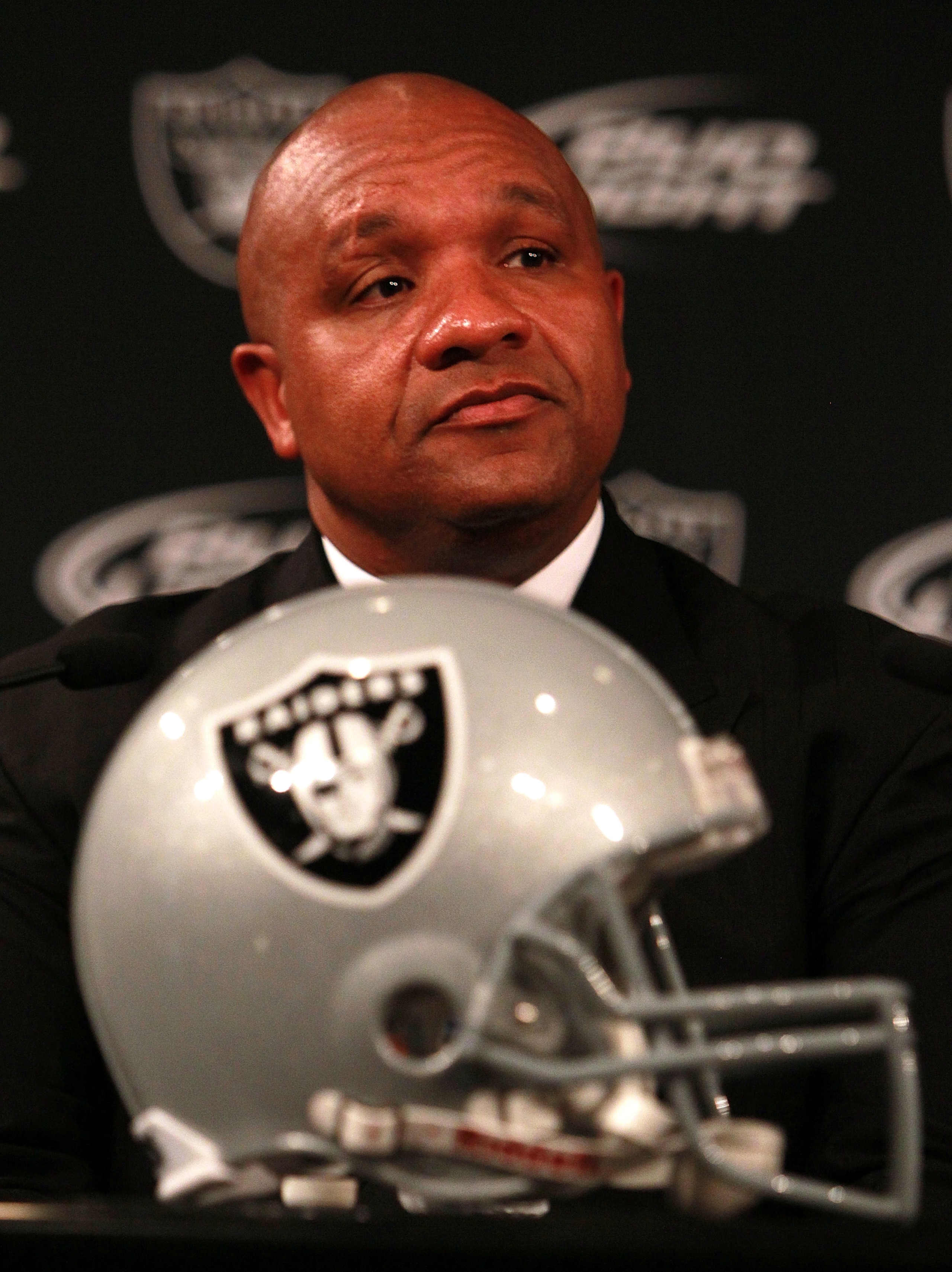 ALAMEDA, CA - JANUARY 18:  New Oakland Raiders coach Hue Jackson looks on during a press conference on January 18, 2011 in Alameda, California.  Hue Jackson was introduced as the new coach of the Oakland Raiders, replacing the fired Tom Cable.  (Photo by 